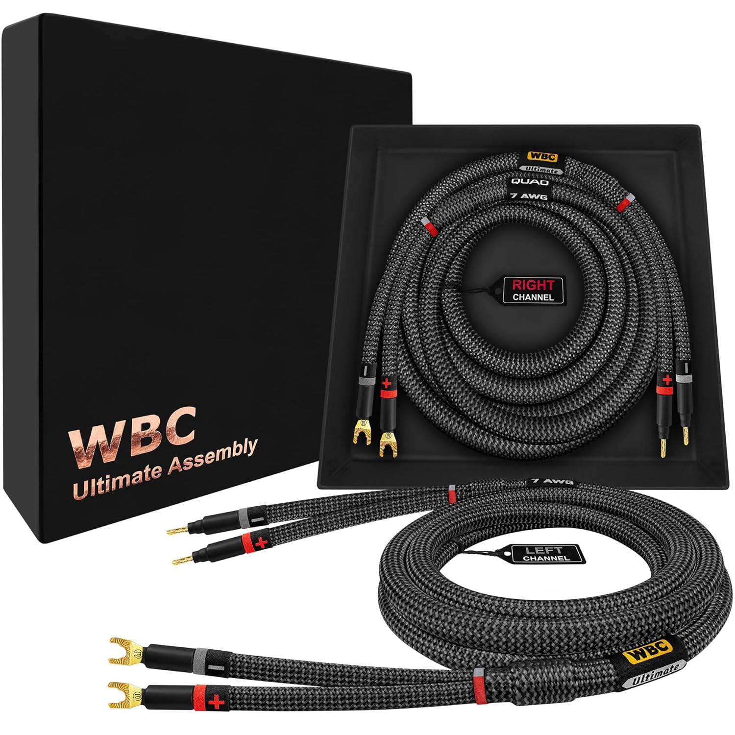 WORLDS BEST CABLES 12 Foot Ultimate - 7 AWG - Ultra-Pure OFC – Extra Premium Audiophile HiFi Speaker Cable Pair with Eminence Gold Banana (x2) & Spade (x2) Plugs & Carbon Tweed Jacket