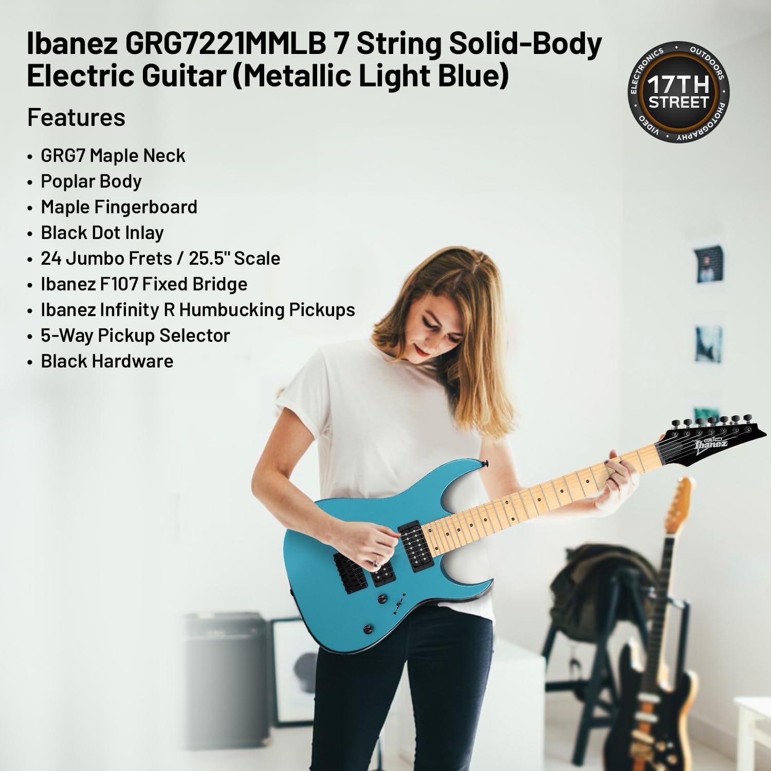 Ibanez GRG7221MMLB 7-String Electric Guitar (Metallic Light Blue) - Right Handed Bass with GSF50 Powerpad Strap, String Capo, 15 Pack Guitar Picks with Storage Box & Cleaning Cloth (Bundle Set)