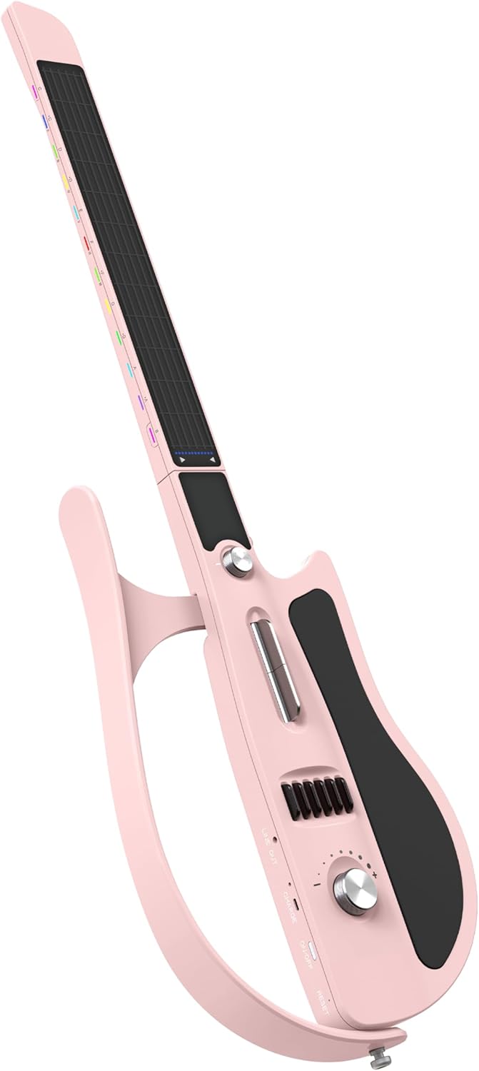 Stringless Electric Smart Guitar,Foldable & Portable,Travel Backing Guitarra for One-Man Band,Chord Generator,App Interactive Chord Sheets,Easy to Play (Pink)