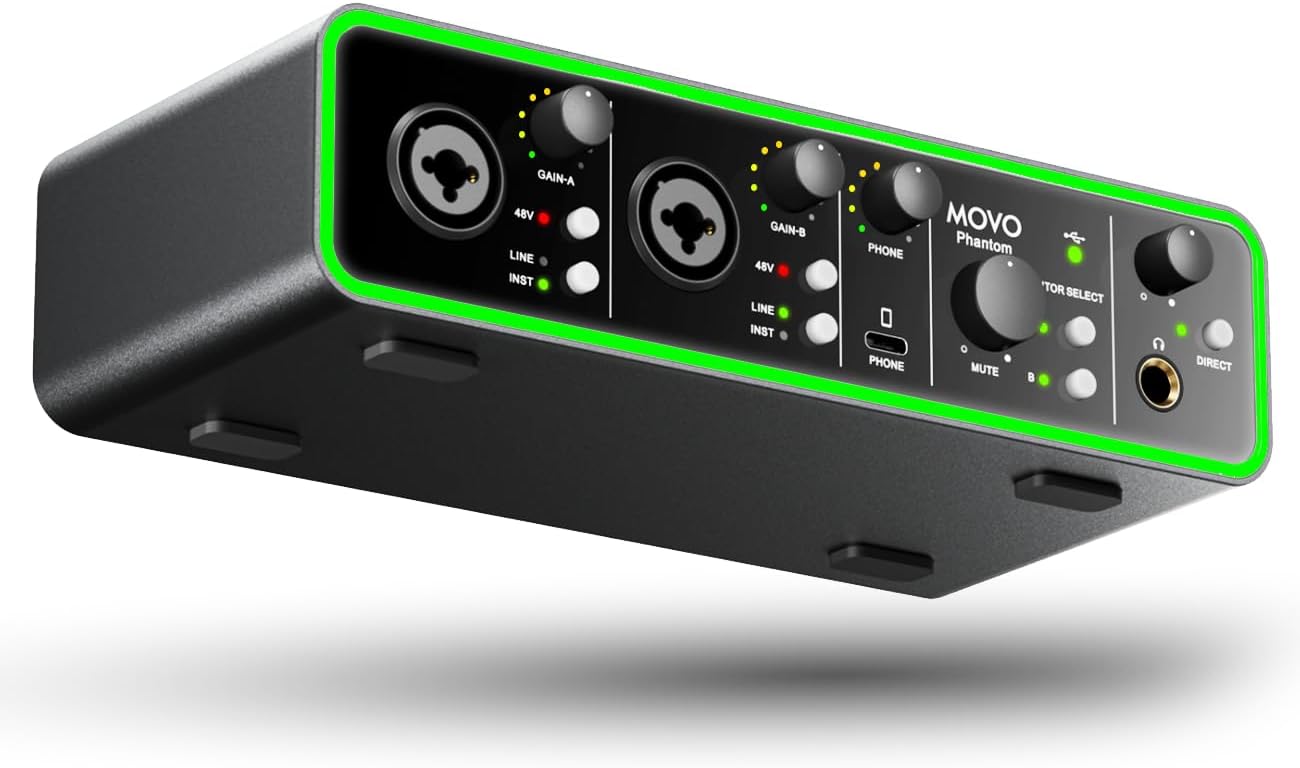 Movo Phantom Dual Channel USB/USB-C Audio Interface for Recording, Songwriting, Podcasting, Audio Production w/USB-C Smartphone Input Connection
