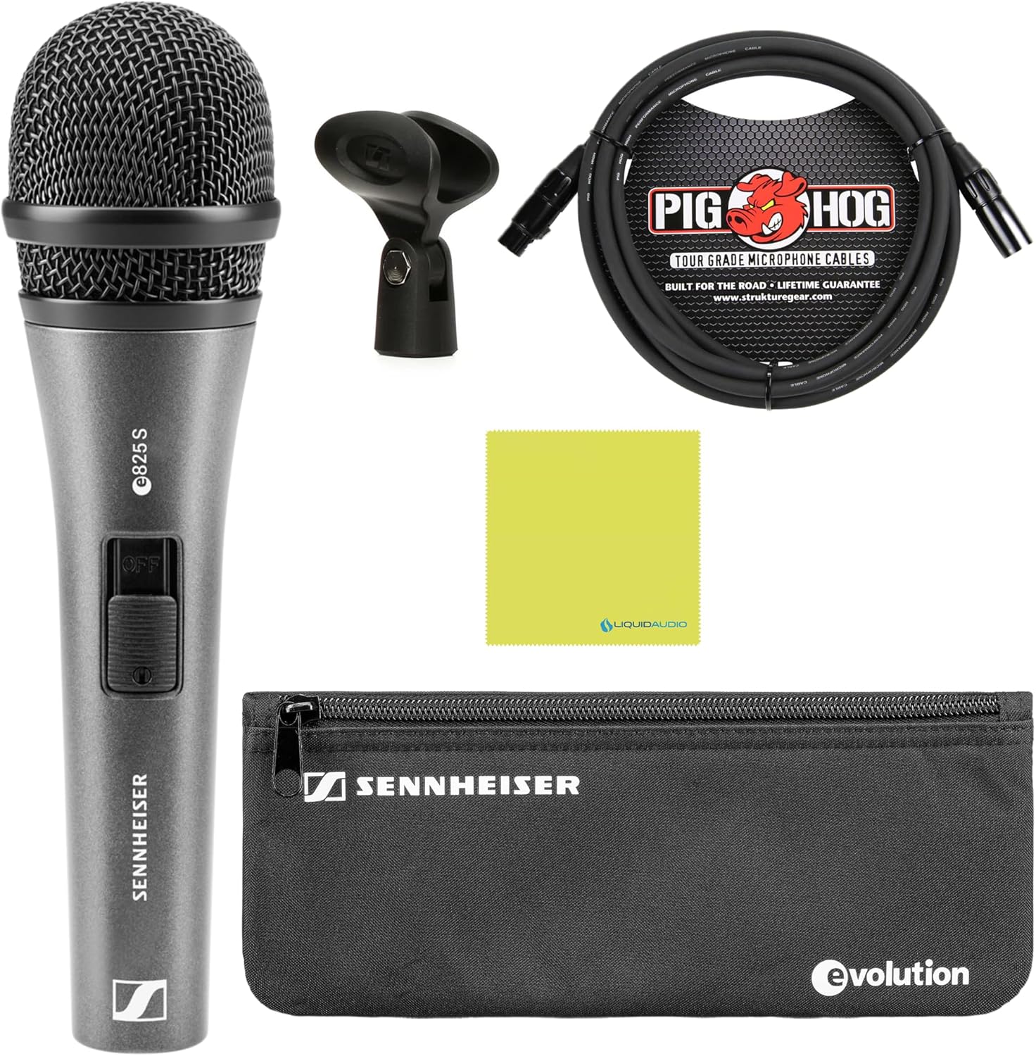 Sennheiser E825-S Cardioid Dynamic Vocal Microphone Bundle w/Pig Hog PHM10 8mm Mic Cable Polishing Cloth