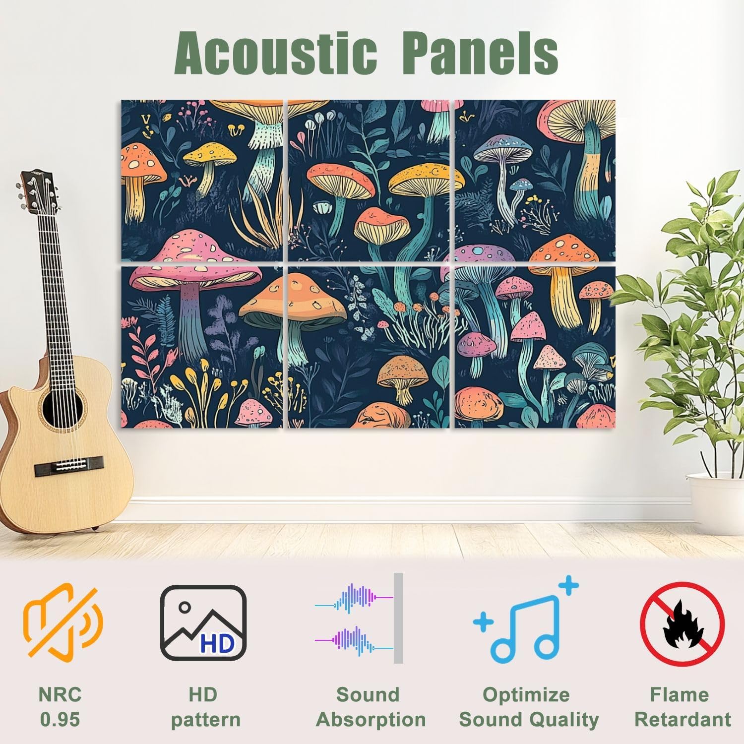 6 Pack Art Acoustic Panels Sound Absorbing Coloful Pink Yellow Red Magical Mushroom Forest Dark Navy Black Decorative Soundproof Wall Panels Self Adhesive for Recording Studios Office 72