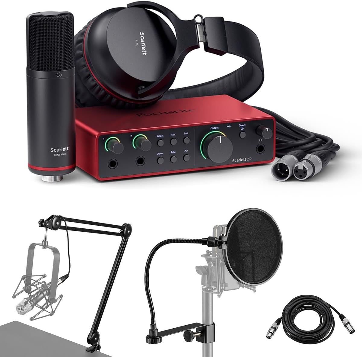 Focusrite Scarlett 2i2 Studio 4th Gen USB Audio Interface with Microphone, Headphones and Software Suite, Bundle with Broadcast Arm with Internal Springs and Integrated XLR Cable, Pop Filter