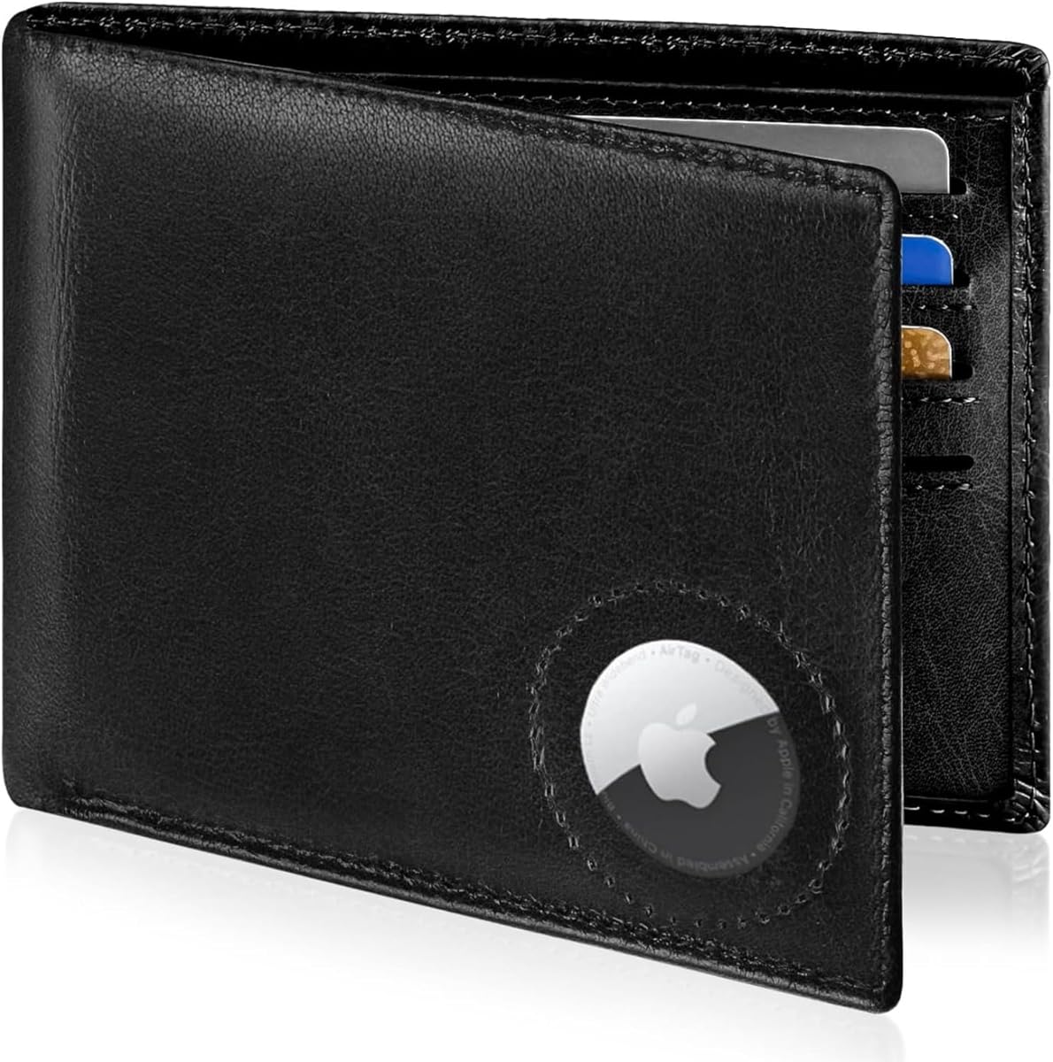 Genuine Leather Wallet for Men Slim Bifold Airtag Hidden Holder RFID Blocking Wallet with Multiple Card Slots ID Windows and Thin Design (Black)