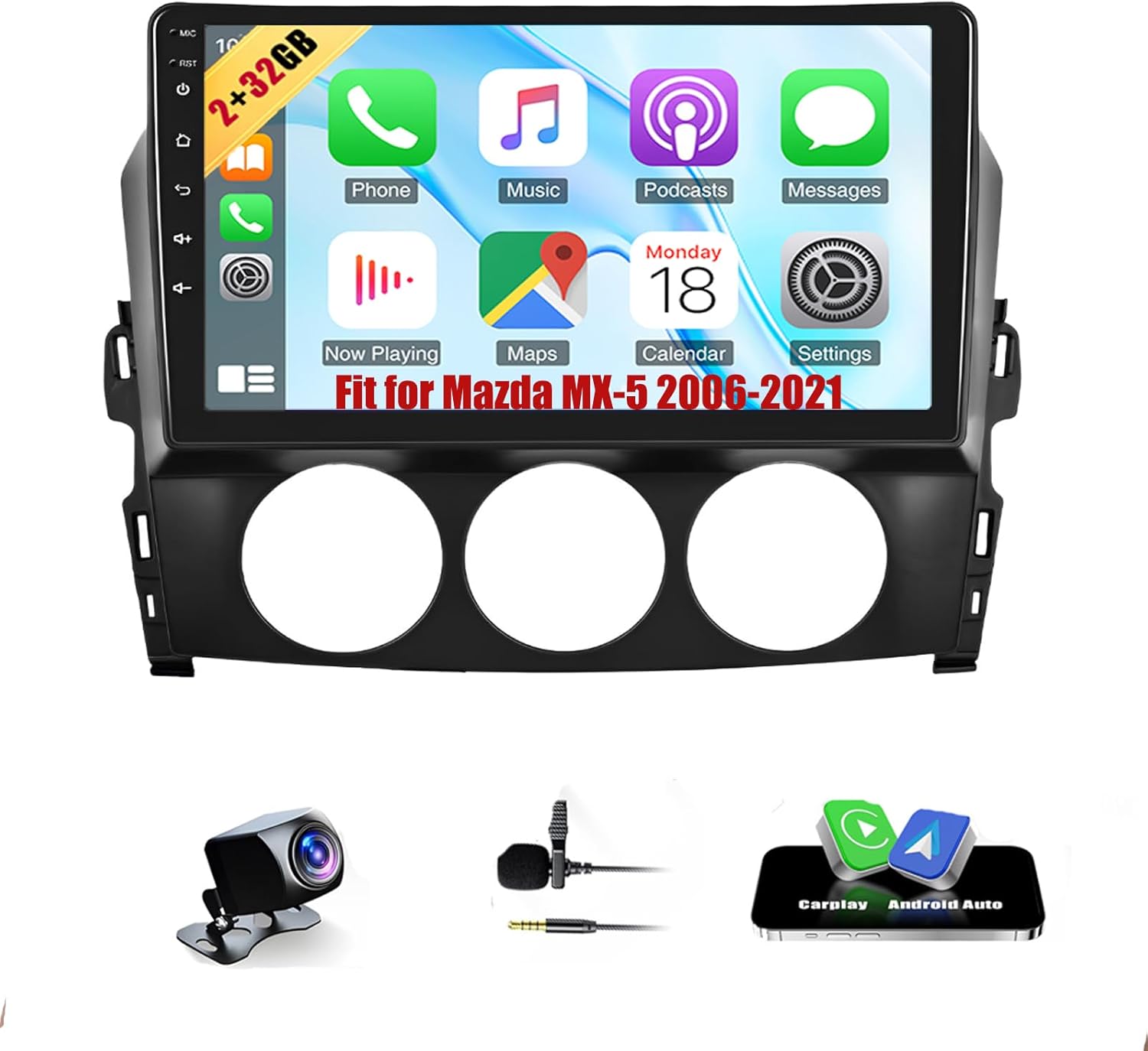 Android 13 Car Radio Stereo Fit for Mazda MX-5 2006-2021 9'' Touch Screen Double Din Car Audio with Carplay & Android Auto GPS Navigation WiFi Bluetooth Mirror Link Backup Camera Mic [2+32G]