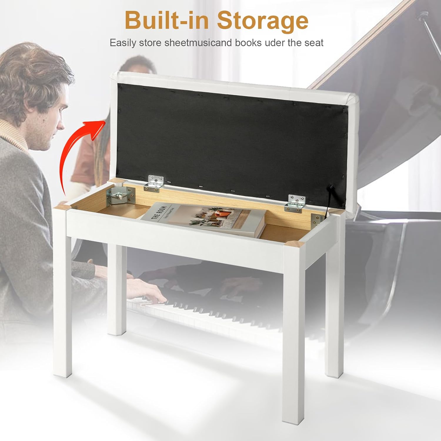 AiJoy Duet Solid-Wood Piano Bench for Digital Pianos, Waterproof PU Leather Padded Seat with Storage Compartment, Ideal for Home, Living Room & Vanity (White)