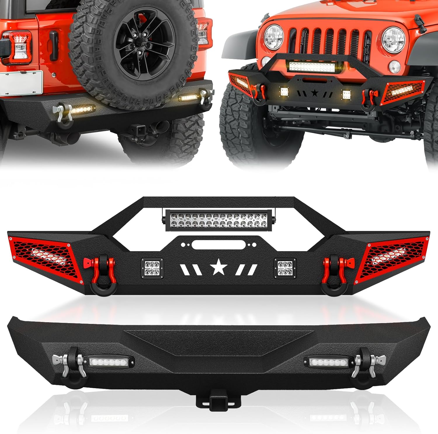 SUORTO Front & Rear Bumper Compatible with 2018-2026 Jeep Wrangler JL JLU Unlimited Rock Crawler Bumper w/Winch Plate, 2