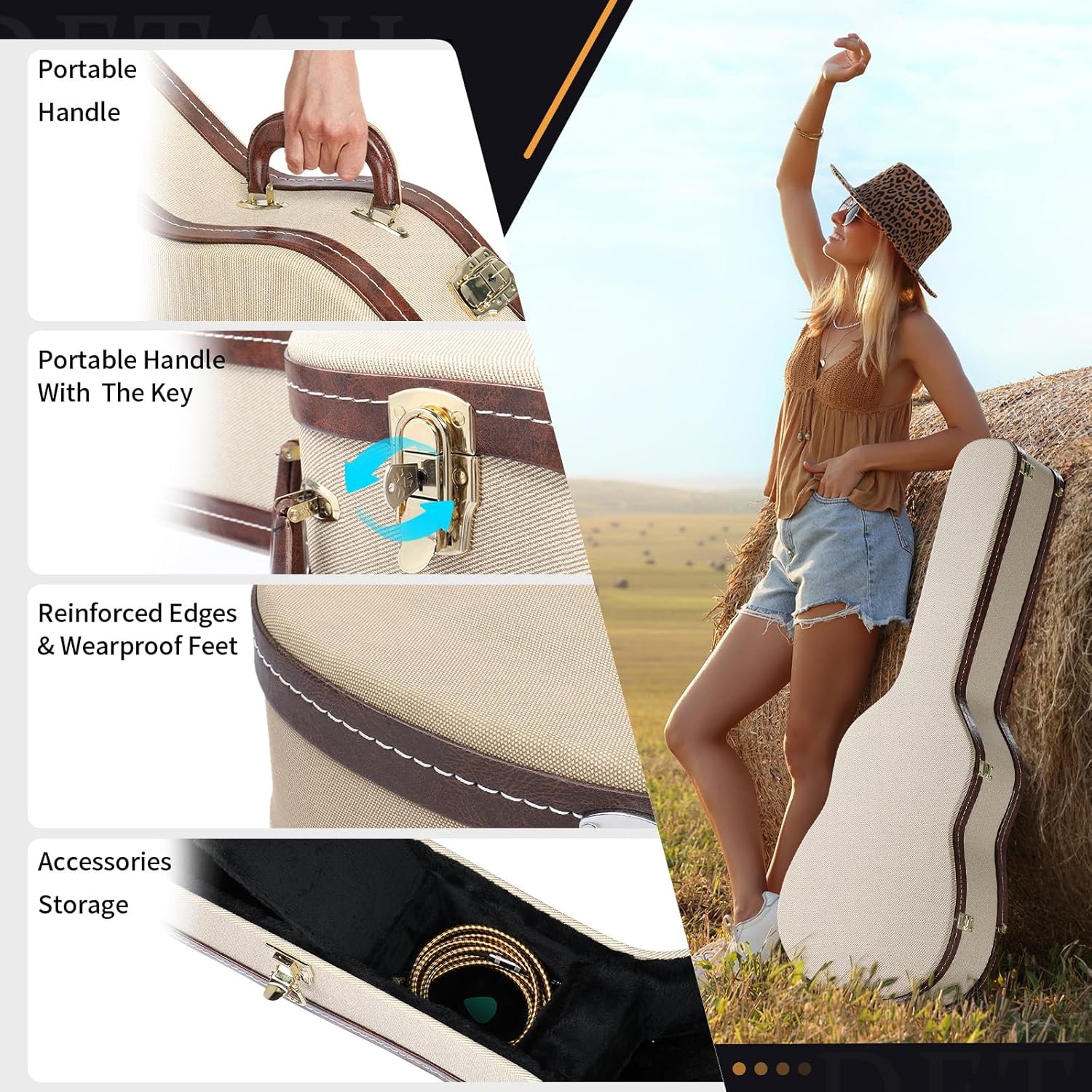 Ktaxon 39 Inch Acoustic Guitar Hard Case, Wood Classical Guitar Case Hard-Shell Gig Bag with Lock Latch Padding, Soft Lining & Accessory Compartment (Beige Grey)