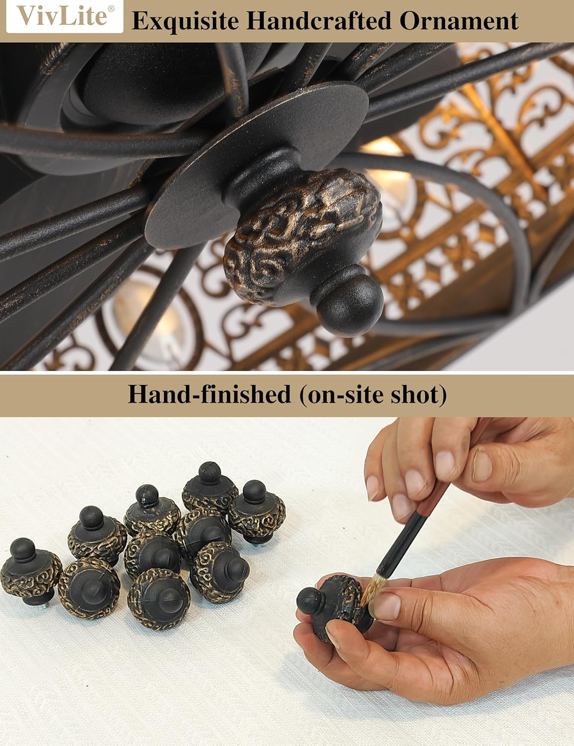 Caged Ceiling Fans with Lights,Vintage Victorian Rustic Crystal Fandelier,Low Profile Flush Mount,Small Enclosed Bladeless Ceiling Fan with Light for Bedroom,Kitchen,Living Room,Dining Room