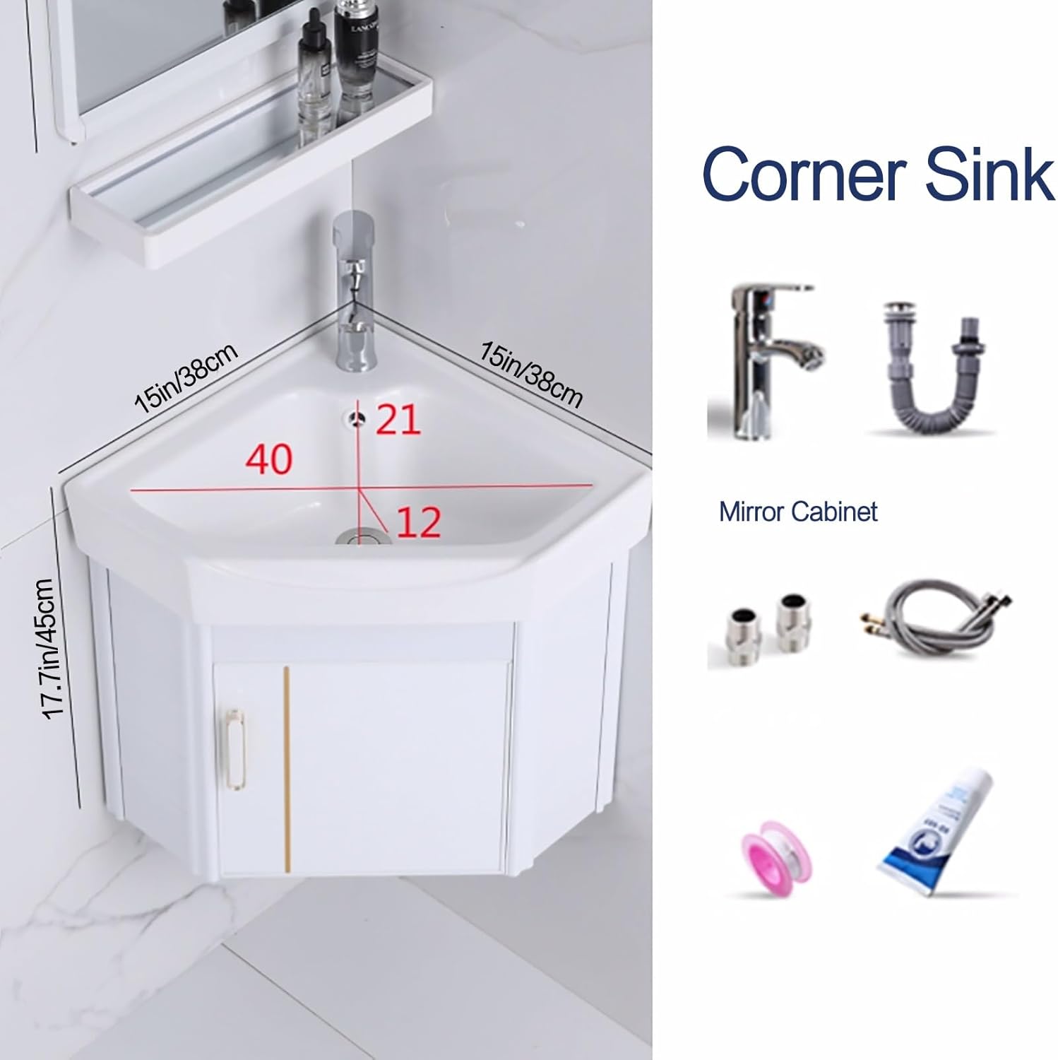 Corner Ceramic Sink，Corner Bathroom Vanity，Corner Bathroom Sink，Corner Wall Mount Bathroom Sink，Bathroom Cabinet with Faucet and Drain， Bathroom Sink with Storage Container(White,38cm/15in)