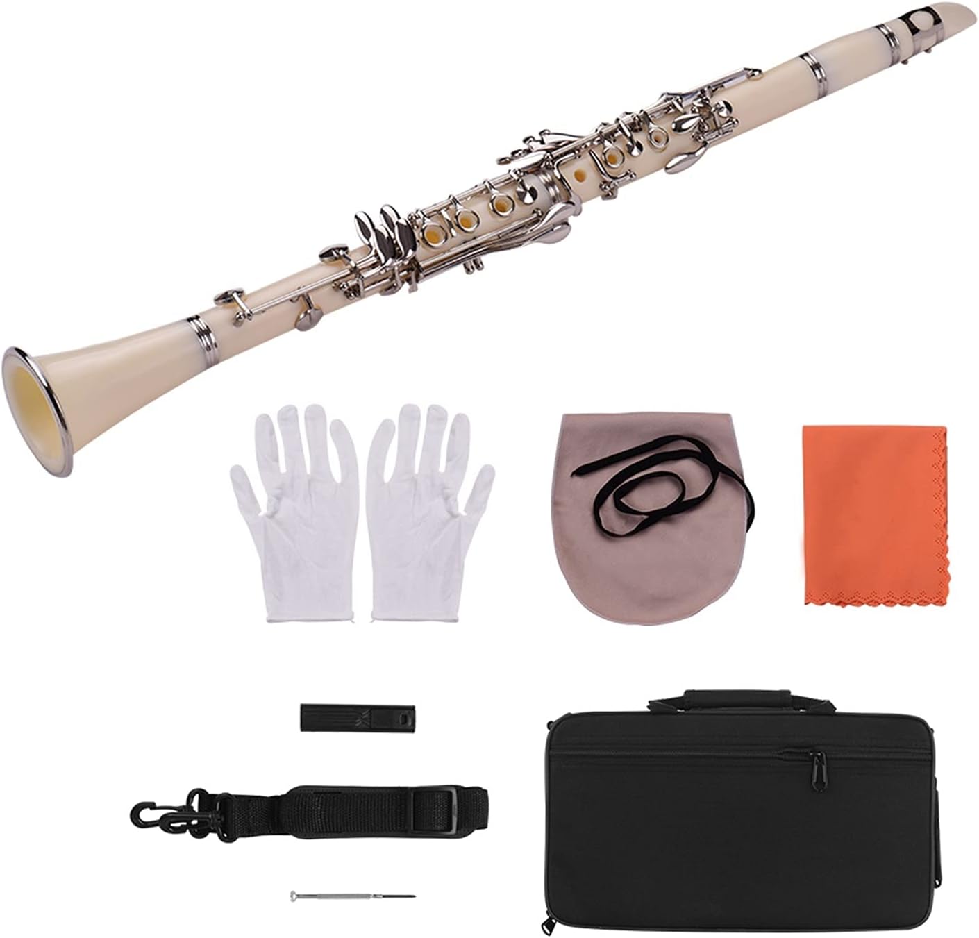 Standard Clarinet ABS 17-Key Clarinet Bb Flat with Case Gloves Cloth Reed Case Reeds Accessories Woodwind Instrument Beginner Clarinet (Color : White)