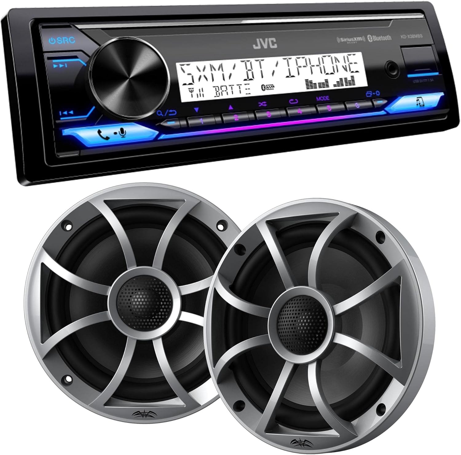 JVC KD-X38MBS Marine Digital Media Receiver with Bluetooth, USB, SiriusXM Ready, Conformal Coated PCB with 1 Pair Wet Sounds RECON6-S 6.5