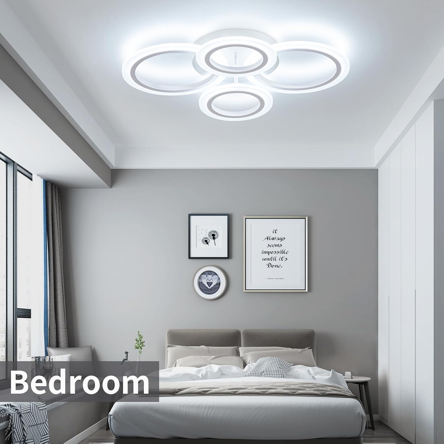 34W LED Ceiling Light with Remote, 3000-6000K Dimmable Modern Flush Mount Ceiling Lighting Fixture White 4 Rings Round Chandelier Ceiling Lamp for Small Room, Bedroom