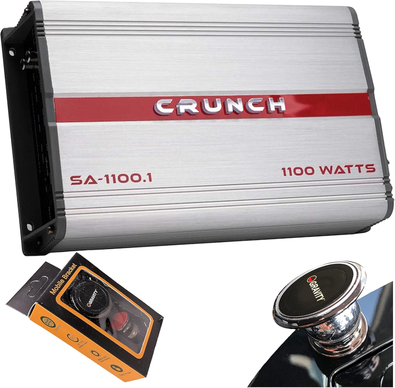 Crunch SA-1100.1 Smash Series 1,100-Watt Monoblock Class AB Amp Car Audio Sound System Subwoofer Speaker Amp Amplifier with Gravity Magnet Phone Holder Bundle