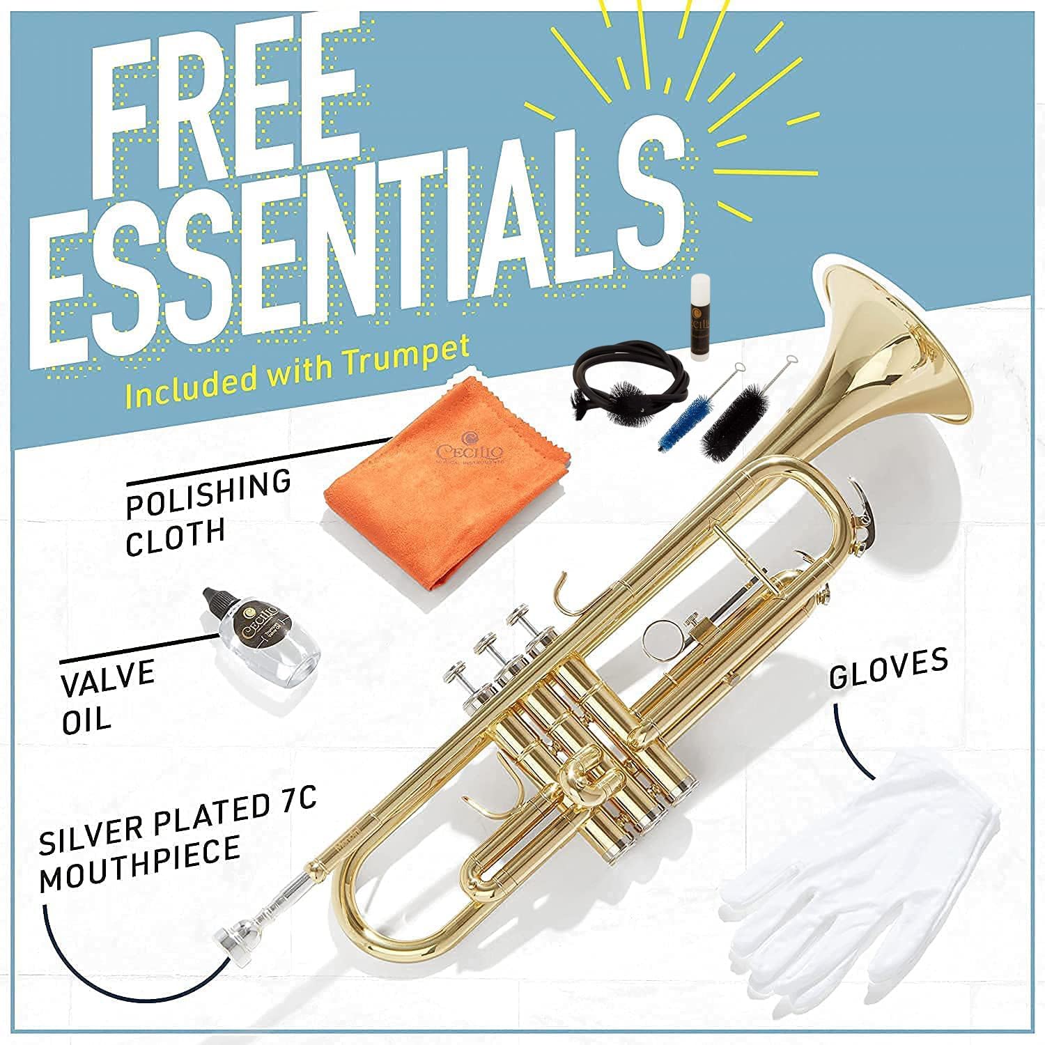 Mendini By Cecilio Bb Standard Trumpet Set for Beginners - Brass Student Trumpet Instrument with Hard Case, 7C Mouthpiece, Valve Oil, Cleaning Cloth, Gloves and Maintenance kit (Golden)