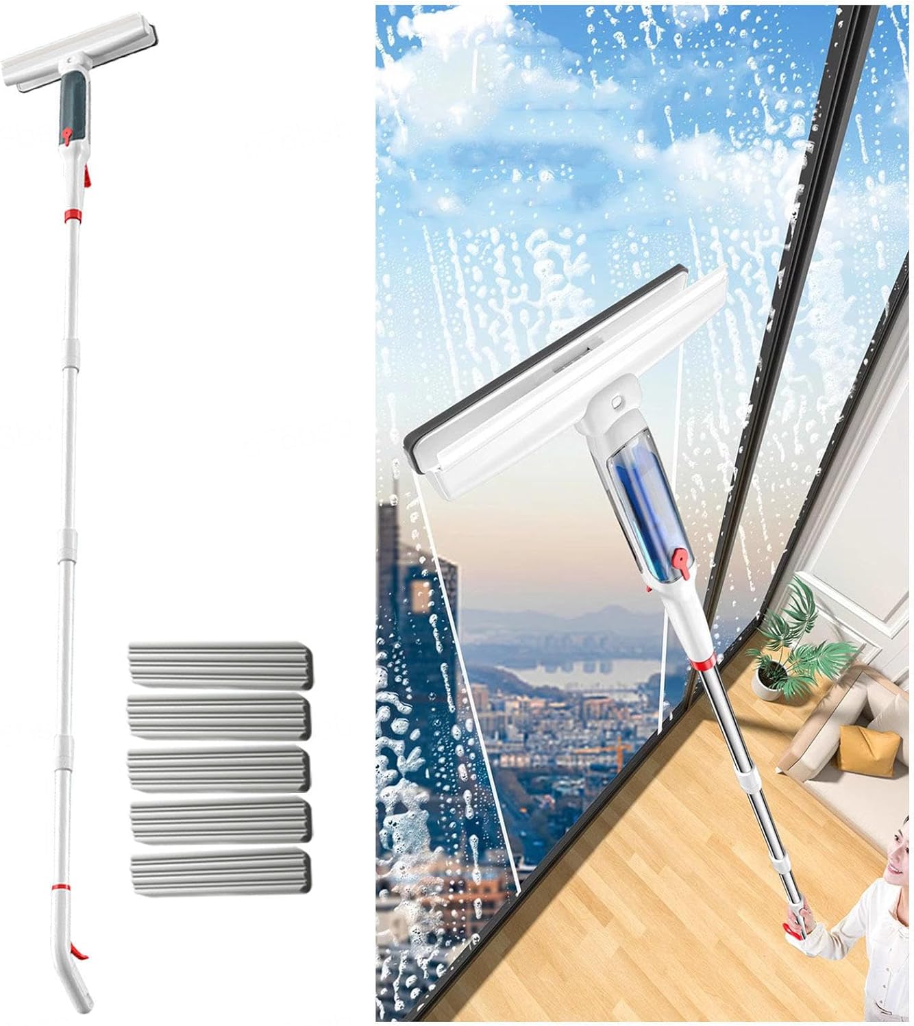 75'' Spray Window Squeegee for Home with 4-Section Extension Pole, 4 in 1 Professional Window Cleaning Kit Squeegee for Window Cleaning with Sewage Collector and 5 Pads