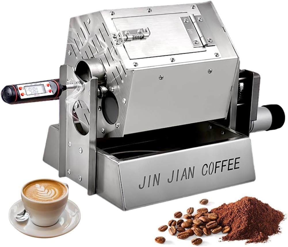 Electric Coffee Bean Roaster, Gas Coffee Bean Baker with Thermometer, 3.4L Drum Type Stainless Steel Coffee Roaster Machine for Home and Commercial Use
