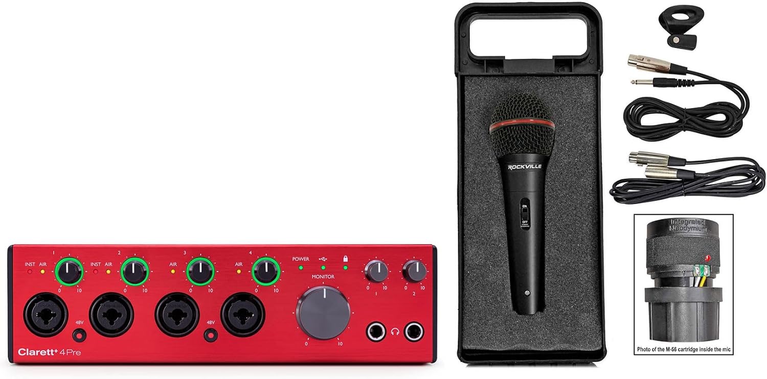 Audiosavings Bundle: Focusrite Clarett+4Pre USB-C Audio Recording Interface, 4 Mic Preamps/JFET/ADAT Bundle with Rockville RMIC-SR Handheld DJ Vocal Recording Wired Microphone+Cable+Mic Case (2 Items)
