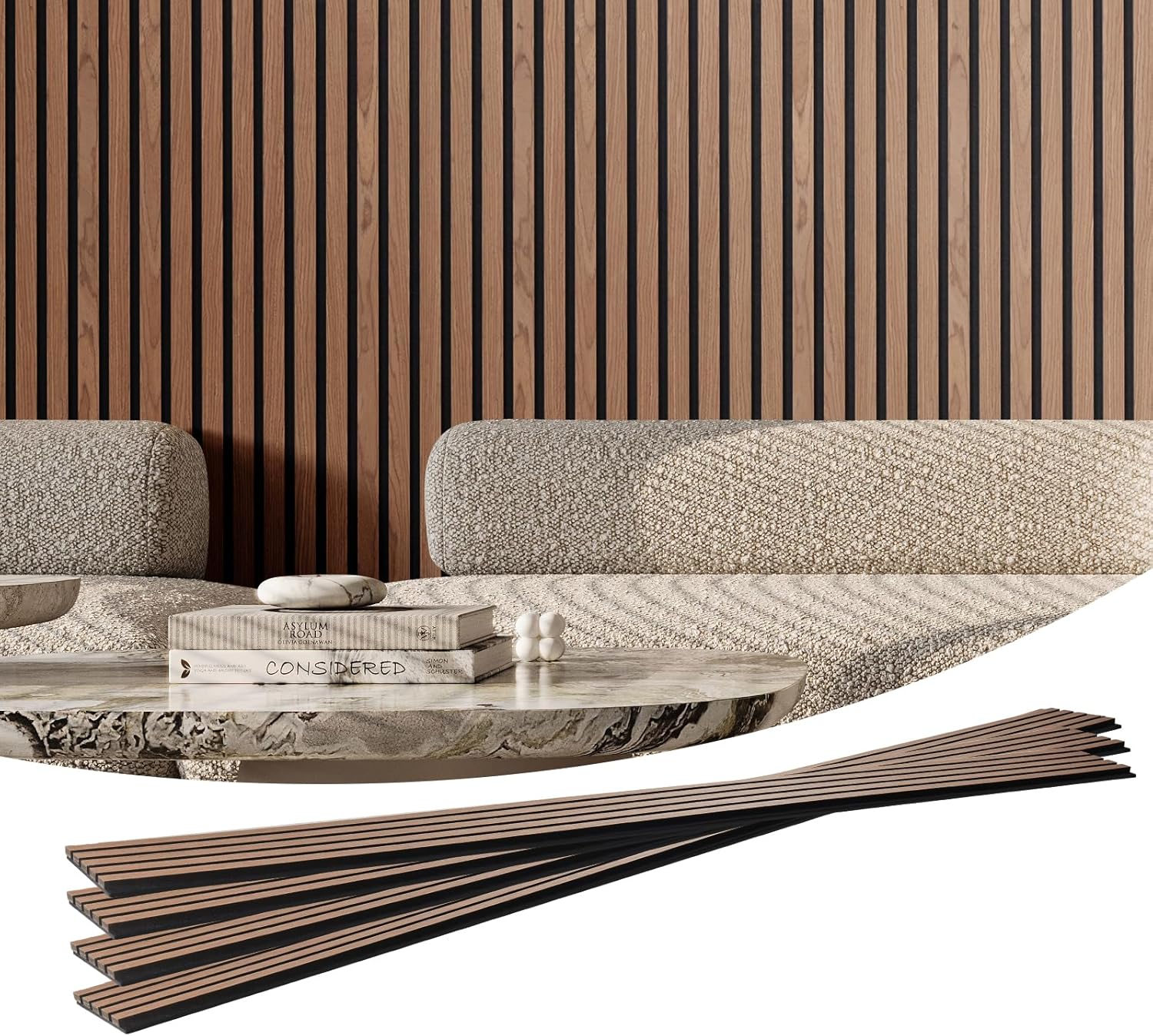 VEVOR Wood Slat Acoustic Panels, 7.9 x 94.5 in, 4-Piece MDF Accent Wooden Wall Panels, Faux Wood Wall Board Panels for Modern Interior Decor and Noise Reduction, Walnut