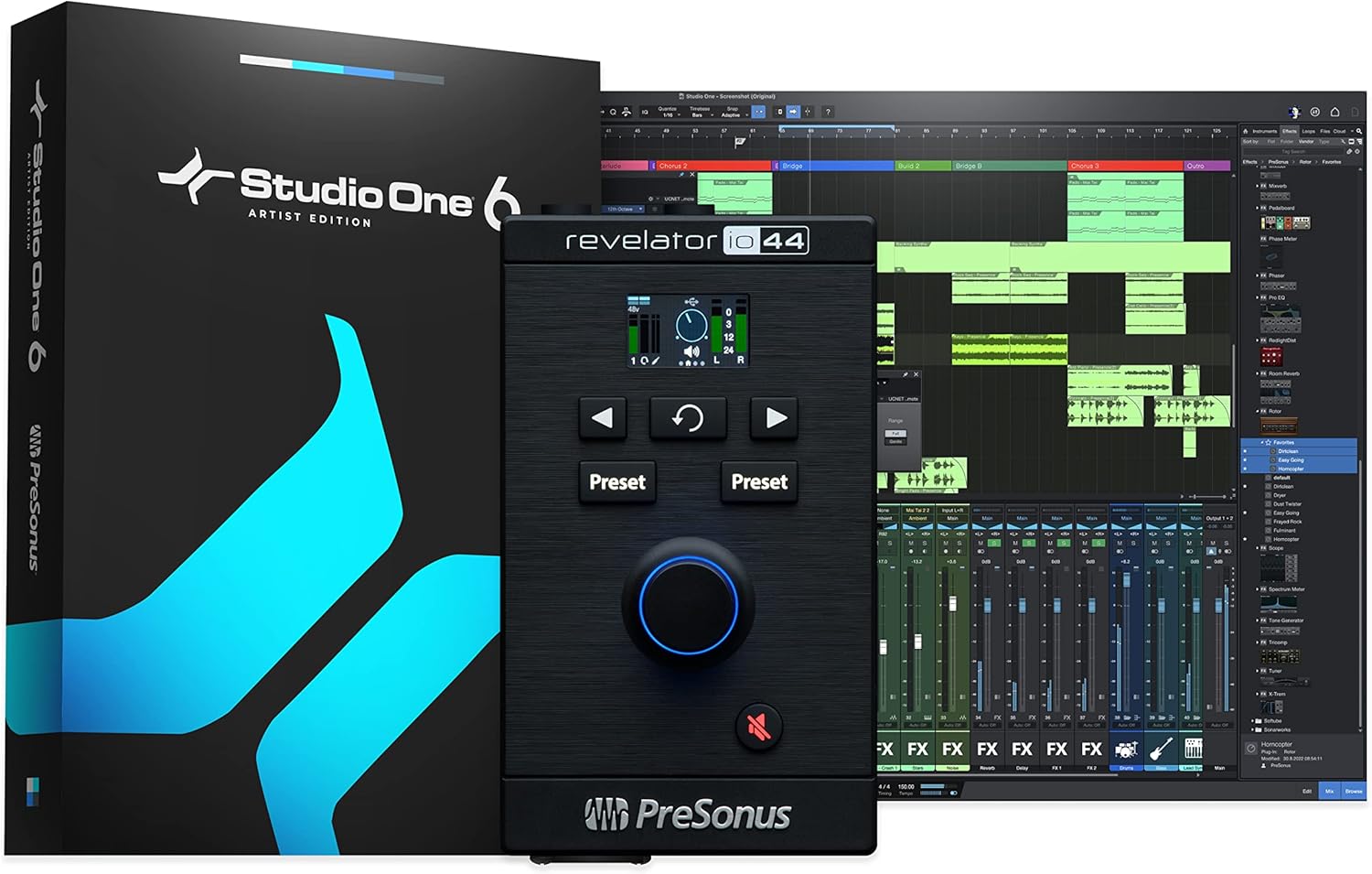 PreSonus Revelator io44 USB-C Audio Interface for music production and streaming with built-in mixer and easy-to-use effects presets plus Studio One DAW Recording Software