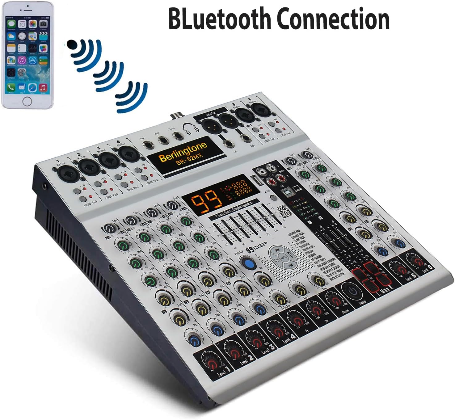 -Berlingtone 6/8 Channel Professional Audio Mixer Sound Board Console Desk, Bluetooth connection, System Interface, USB MP3, 48V Phantom Power, 99Bit DSP Processor, Computer Input,7 band EQ (BR062MX)