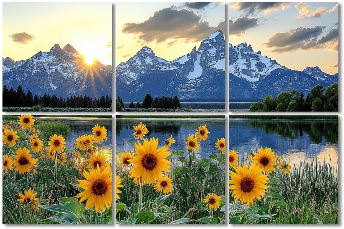 6 Pack Art Acoustic Panels Sound Absorbing Mountain Landscape Sunrise Nature Sunflower Scenery National Park Lake Decorative Soundproof Wall Panels Self Adhesive for Recording Studios Office 72