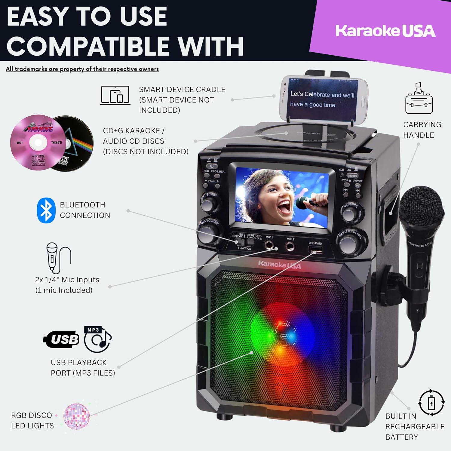 Portable Karaoke Machine with Lyrics Display | Color Screen | CD+G, MP3+G & USB MP3 | Wireless Bluetooth Speaker with Built-in Rechargeable Battery and LED Flashing Lights | Includes Wired Microphone