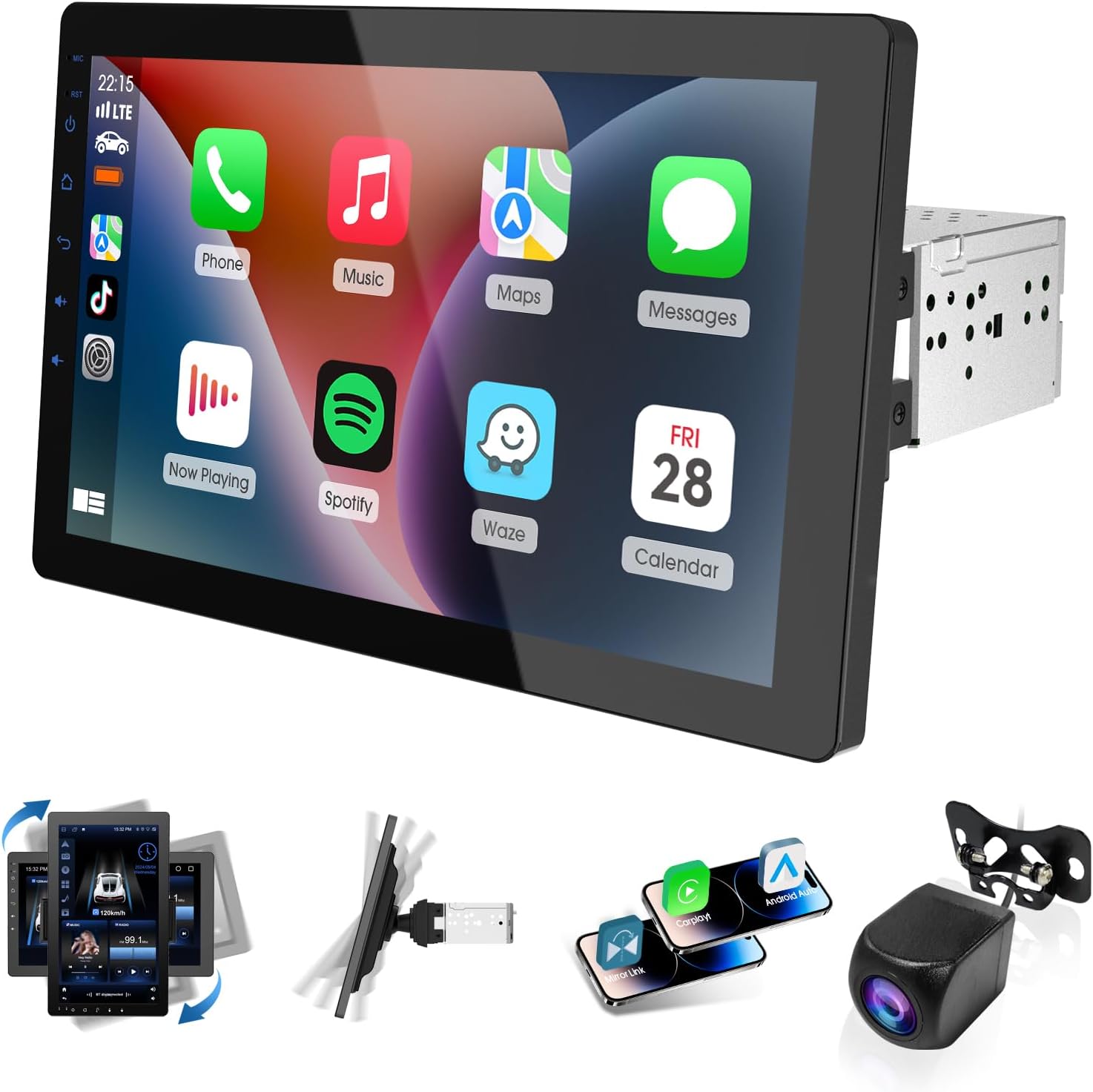 10.1 Inch Single din Car Stereo,Support Wireless CarPlay and Android Auto,360 Rotatable Screen with 1080P Rear Camera,Mirror Link|Bluetooth|Music Play|AUX|FM/AM|SWC,Wireless Android Car Radio