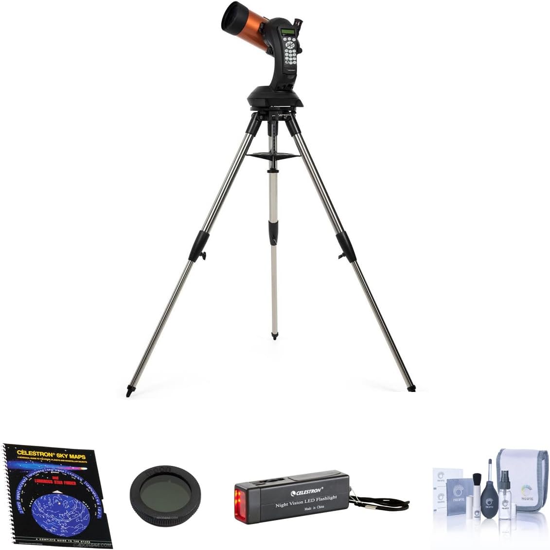 Celestron NexStar 4 SE Maksutov-Cassegrain Computerized Telescope, Bundle with Night Vision Flash Light, Sky Maps Book, 1.25