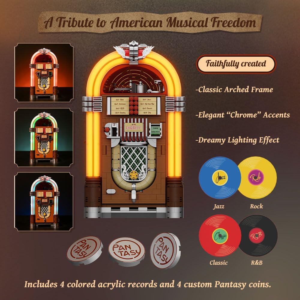 PANTASY Retro Jukebox Building Kit with Coin & Sound Function, Mechanical Music Box Model with Acrylic Records, Recording Studio & Minifigure, Collectible Construction Toy Gift for Adults and Teens