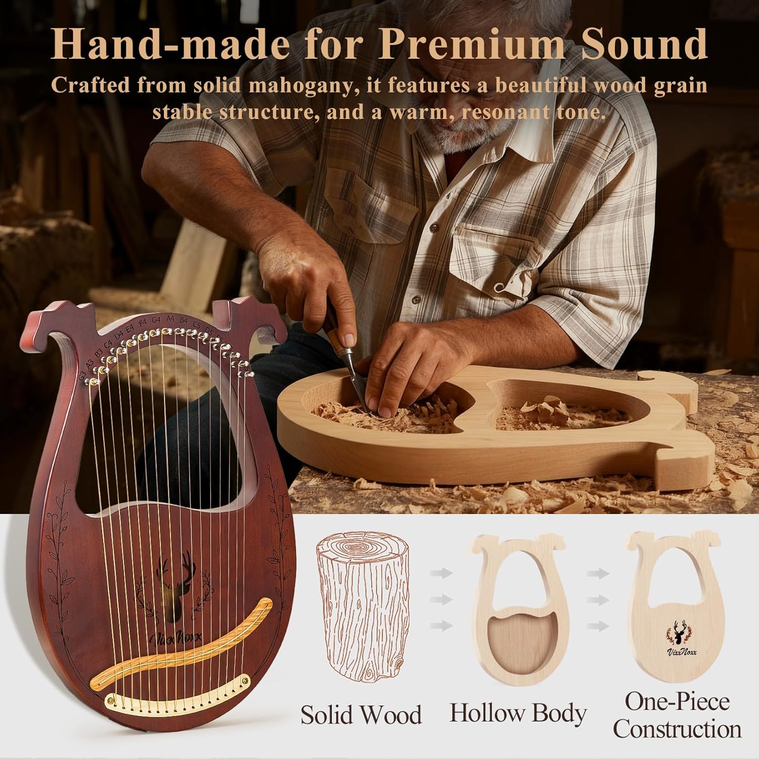 Lyre Harp, 16-String Mahogany Lyra Harp Kit, Stringed Musical Instruments with Tuning Wrench Bag Instructions Extra Strings for Beginners Adults