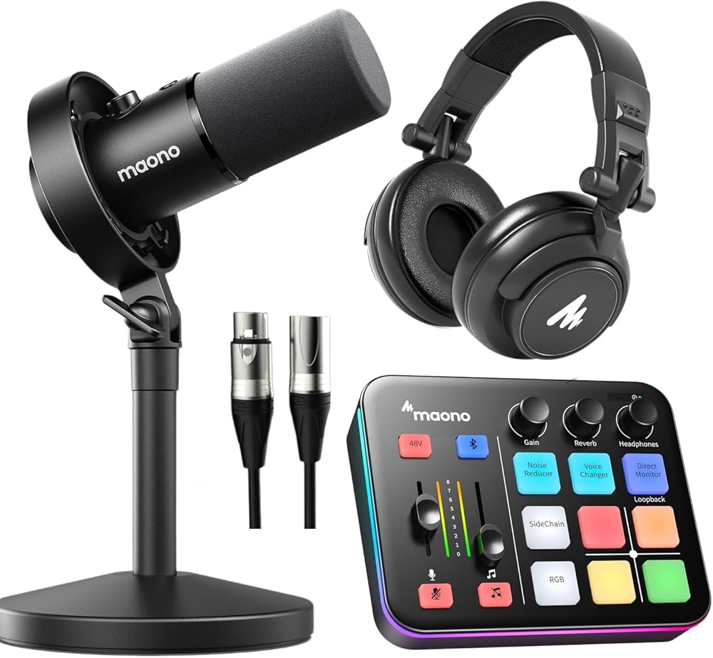 MAONO USB XLR Podcast Equipment Bundle,for Studio Recording Streaming Content Creation(PD00XT+G1 NEO+MH601+XLR-180)