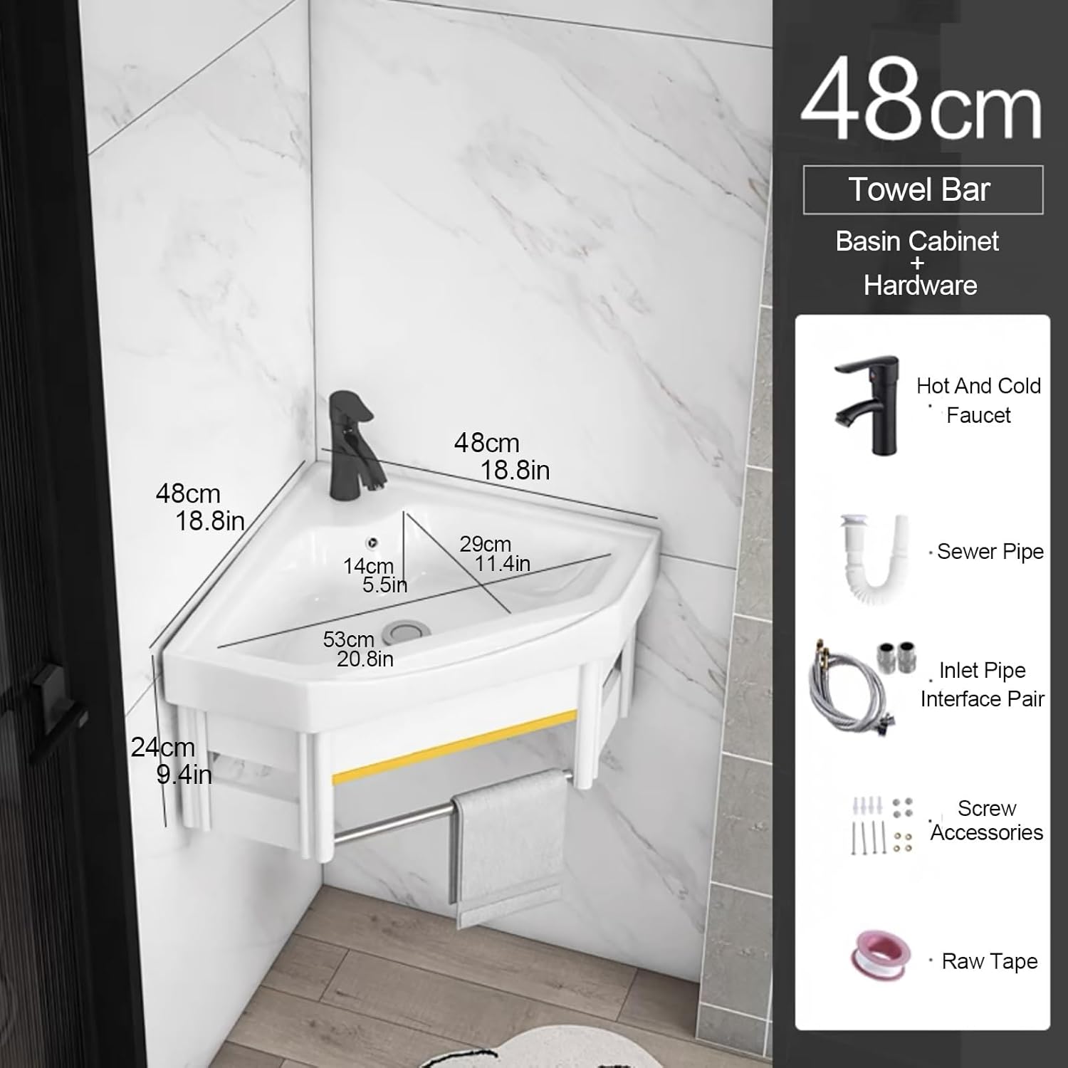 Wall Mount Corner Sink Ceramic Vessel Sink Small Corner Sink with Cold and Hot Water Pipe Faucet and Drain Towel Bar for Farmhouse Cloakroom Small Bathroom Corner Bathroom Sink. ( Size : 58x48x24cm )
