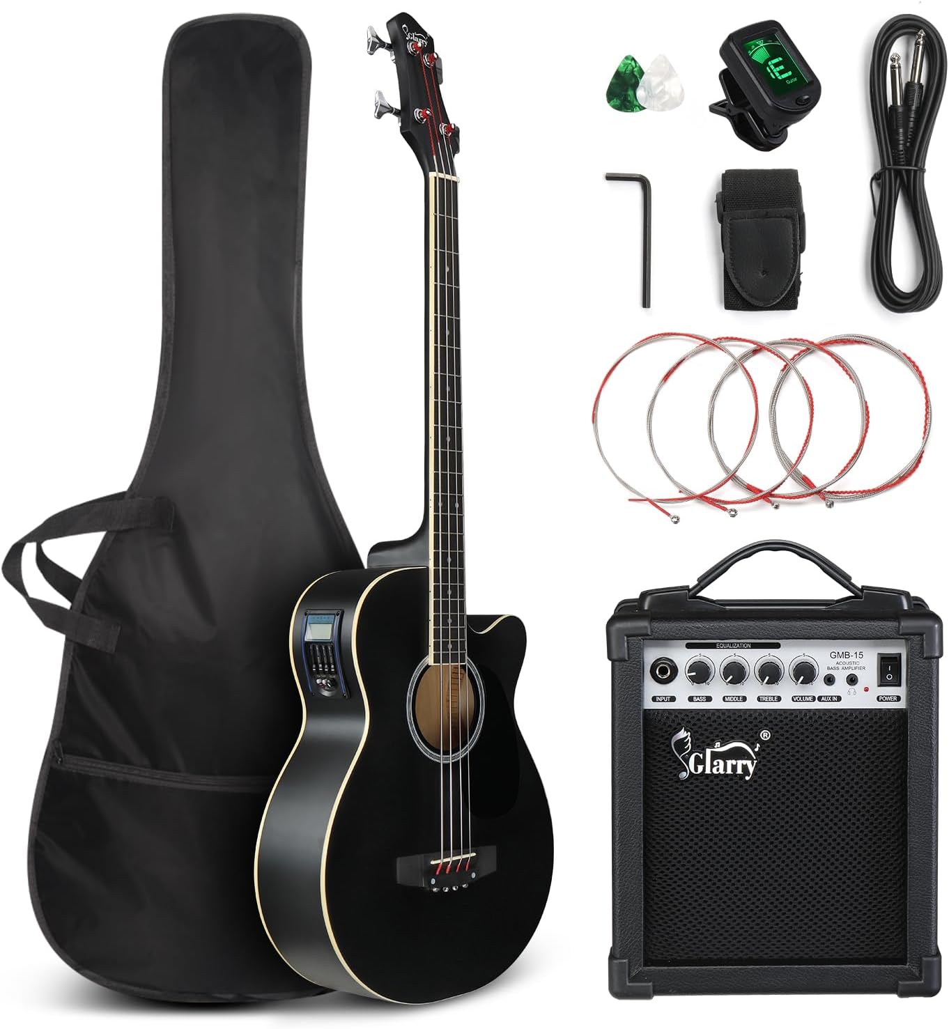 GLARRY Full Size Acoustic Electric Bass Guitar Beginner Kit w/ 15W Amp, Cutaway 4 Strings Electric Acoustic Bass Guitar w/Inbuilt Tuner, Bag, Strap, Picks, Strings, Bass Guitarra，Matte Black