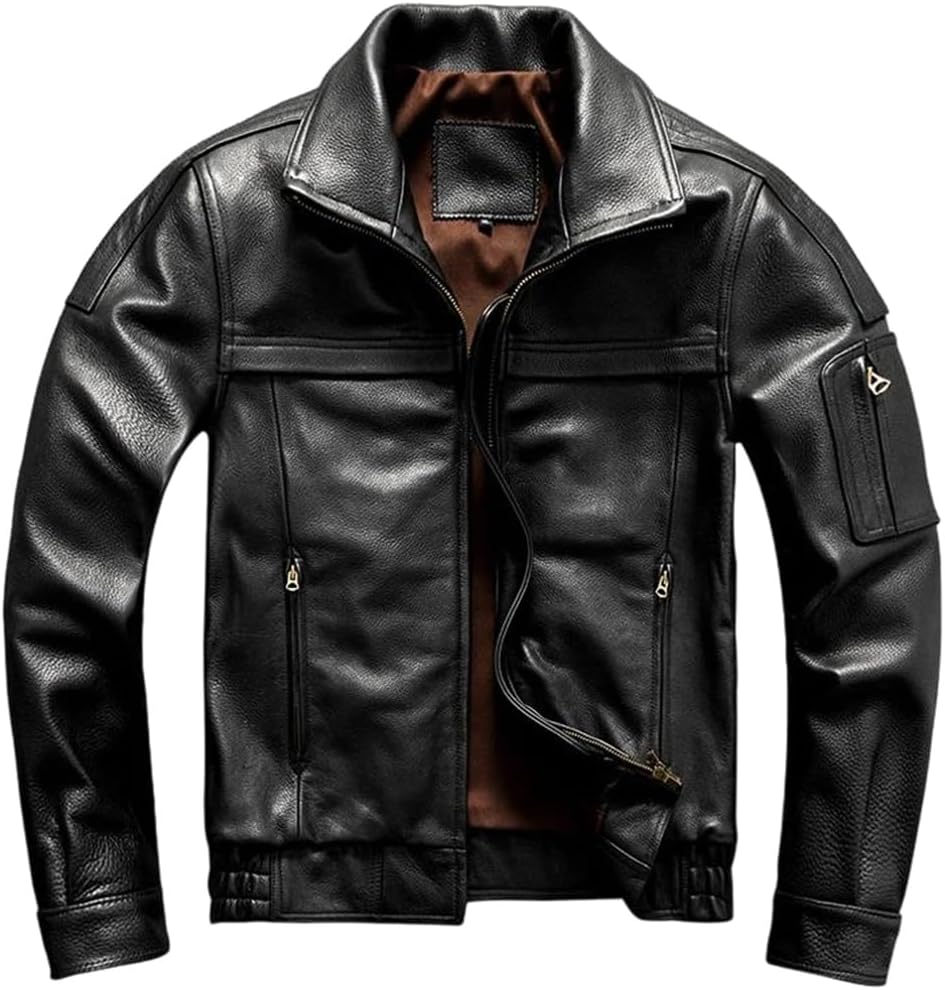 Men Military Genuine Natural Cowhide Turn-Down Collar Flight Black Autumn Leather Jacket Coat