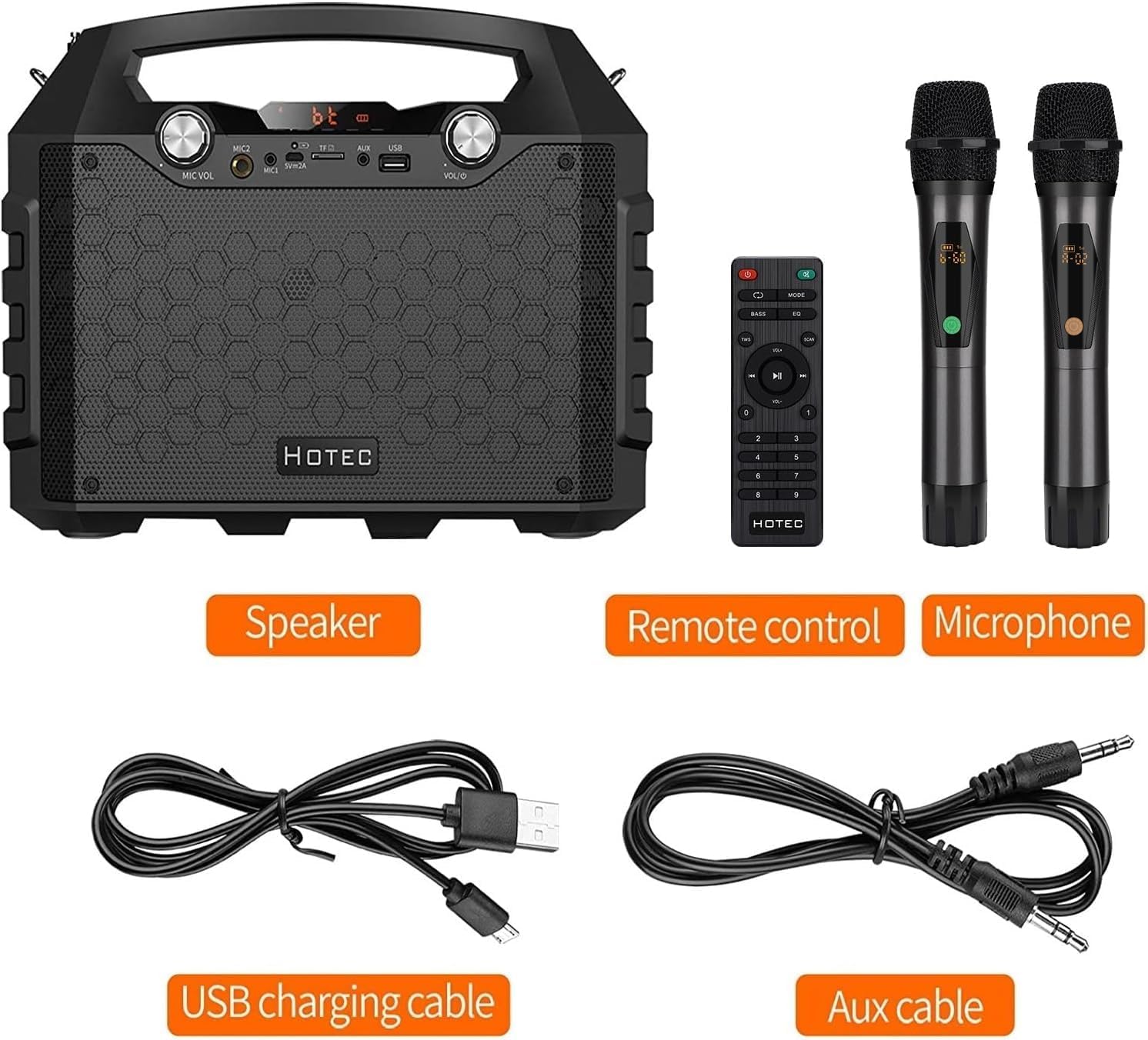Hotec Wireless Bluetooth Portable PA Speaker System, Powerful Bluetooth Karaoke Machine with Dual Wireless Microphones for Karaoke, Wedding, Party, Teaching, Lecture, Church, Outdoor Indoor Activities