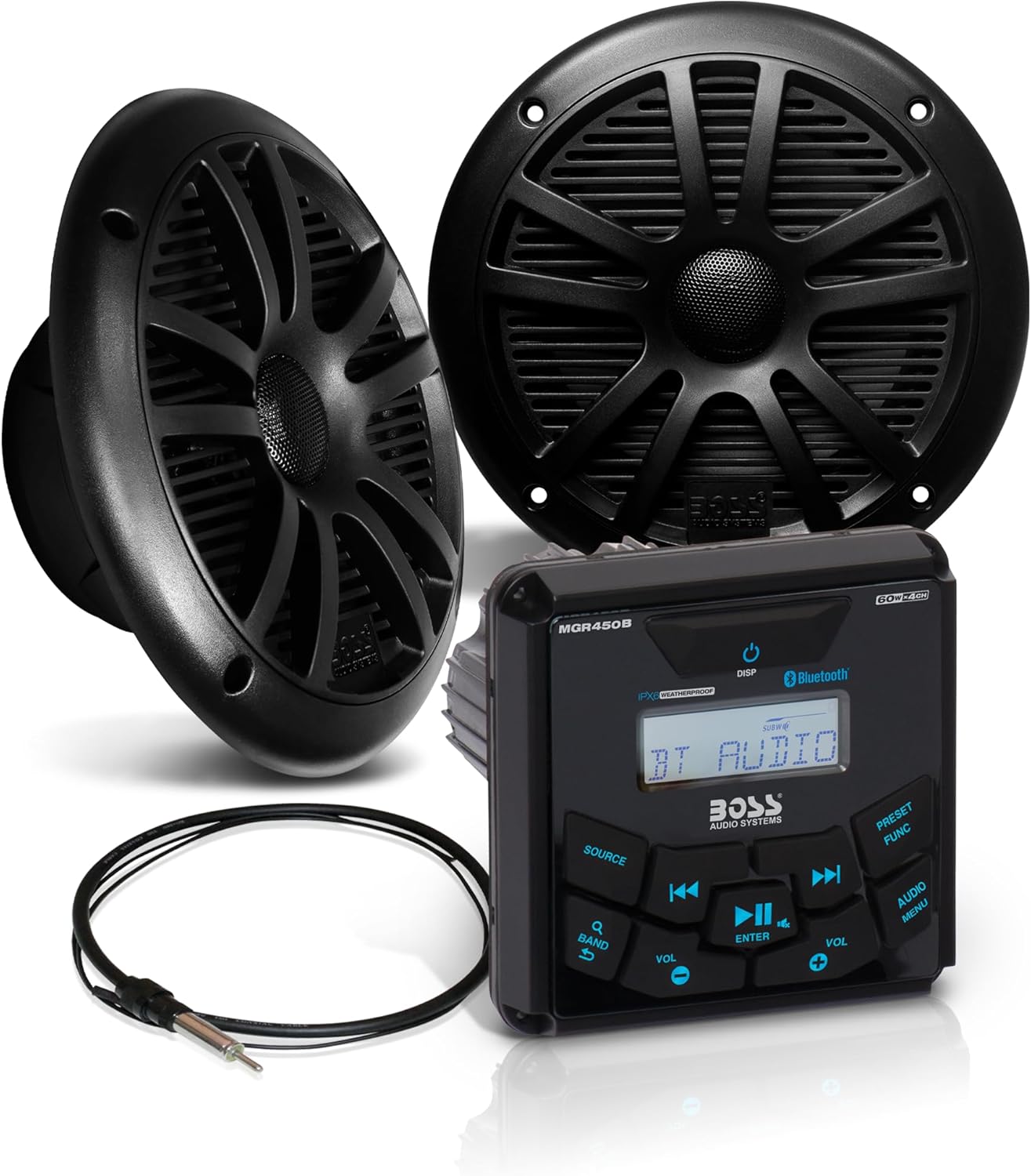 BOSS Audio Systems MCKGB450B.6 6.5 Inch Speakers & Marine Boat Gauge Stereo - Bluetooth Head Unit, No CD DVD Player, AM/FM Radio Receiver, NOAA Weather Band, IPX6 Weatherproof, USB