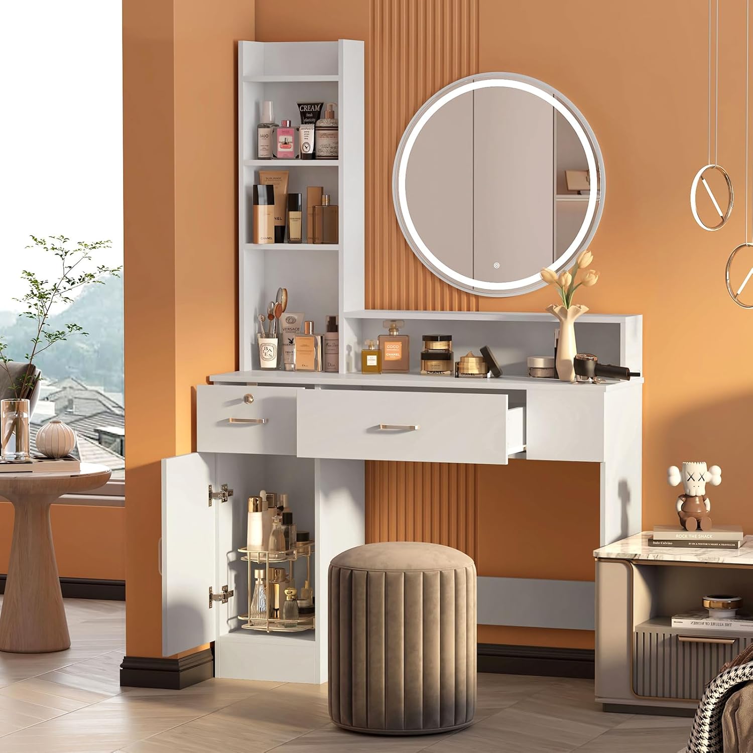 Salon Stations for Hair Stylist, Modern Locking Wall Mount Barber Hair Styling Station, Corner Salon Station Organizer Makeup Vanity for Bedroom, Bathroom, Hairdresser (White-1)