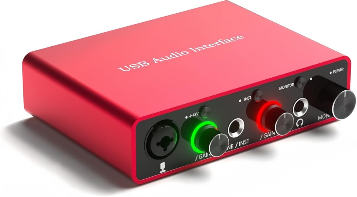 USB Audio Interface for PC, 48V Phantom Power Audio Interface for Computer Recording Music, Podcasting, and Streaming, 24-Bit/192kHz, XLR & 1/4” Combo Connectors, LINE/INST Input
