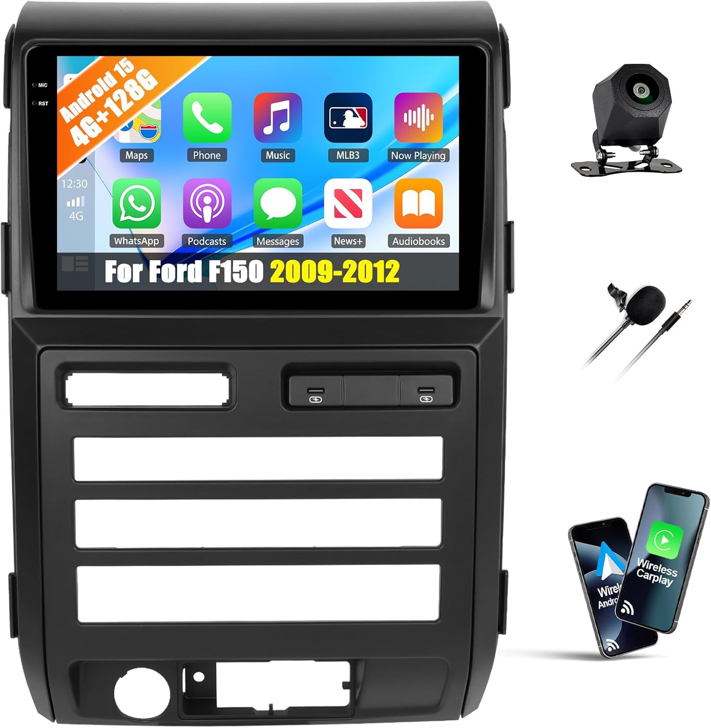 Android 15 4G+128G Car Stereo for Ford F150 2009 2010 2011 2012 with Wireless Carplay Android Auto, 9 Inch Incell Touchscreen Head Unit Bluetooth 5.0 GPS WiFi FM/RDS Mirror Link SWC Backup Camera