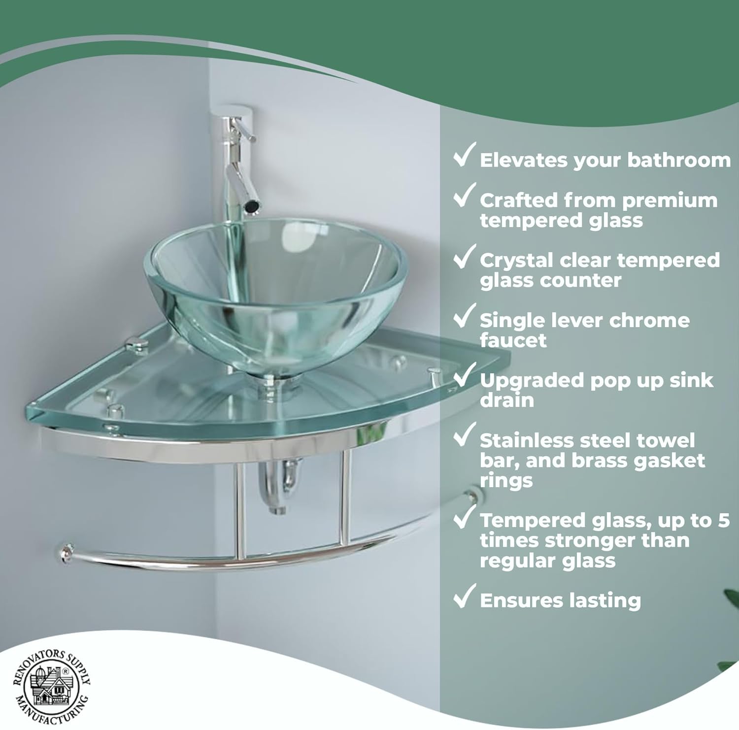 Renovators Supply Talula Corner Glass Wall Mounted Sink Round Shape Wall Hung Bathroom Vessel Sink Crystal Clear Tempered Glass Console With Chrome Faucet, Pop Up Sink Drain And Towel Bar Combo