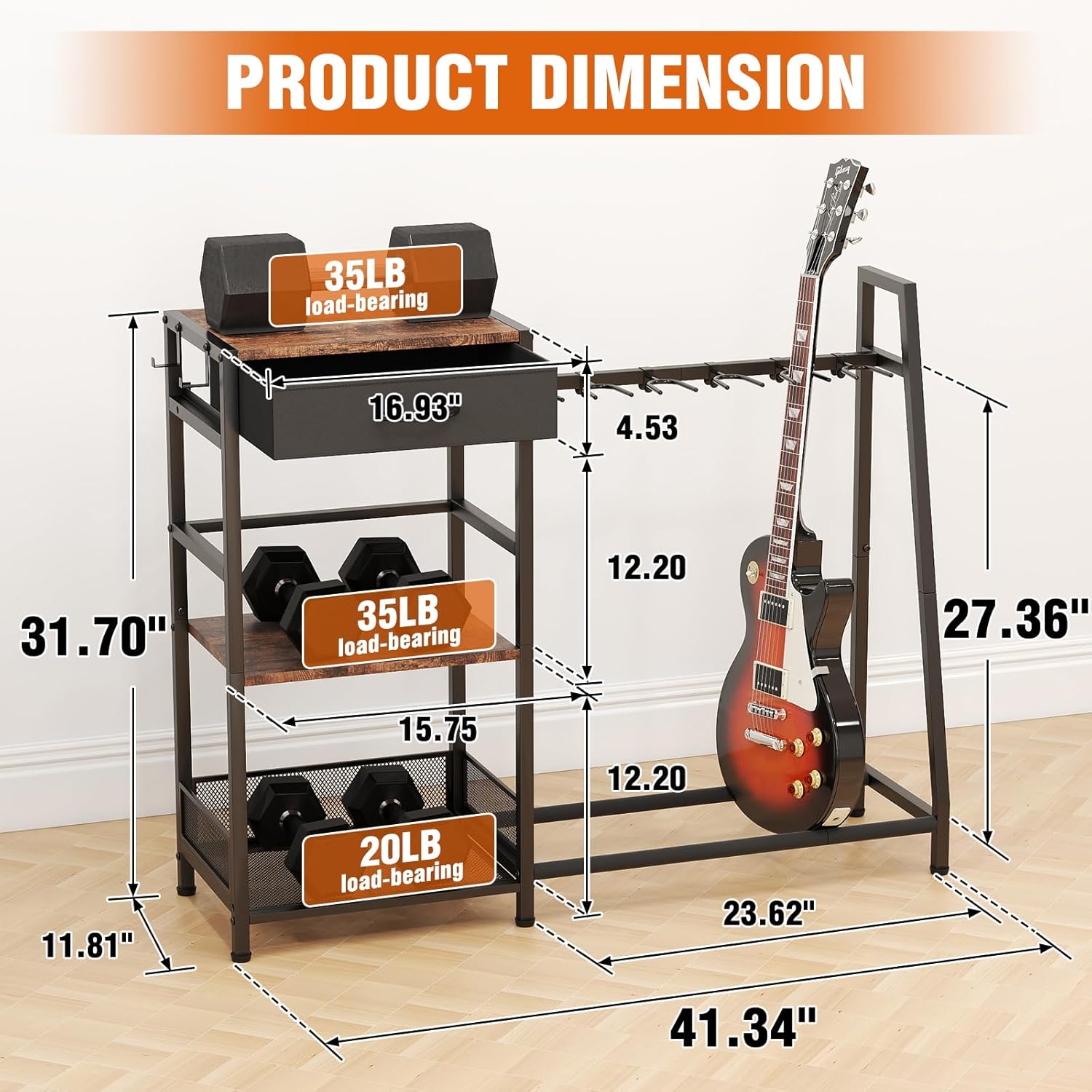 Guitar & Record Stand for 6 Guitars, 3-Tier Adjustable Floor Rack with Soft Pads and Cloth Drawer, Display Storage for Acoustic Electric Bass, Amp, Vinyl Albums