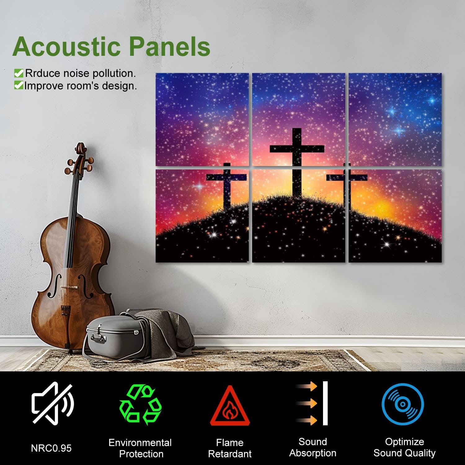 Art Acoustic Panels Self Adhesive cross Calvary hill sky filled by twinkling sparkling stars as symbol 6Packs Decorative Soundproof Wall Panels Large Sound Absorbing Panels for Home Office 48