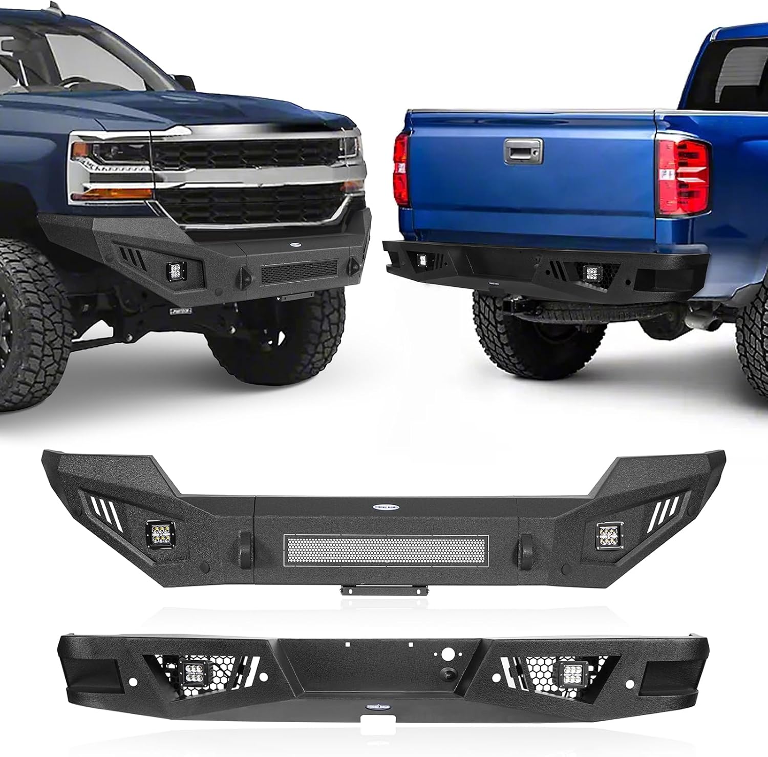 Hooke Road Silverado Front and Rear Bumper Kit for 2016 2017 2018 Chevy Chevrolet Silverado 1500 Pickup Trucks, Offroad Heavy Duty Steel Bumpers Combo with Sensor Mounting Holes and LED Lights