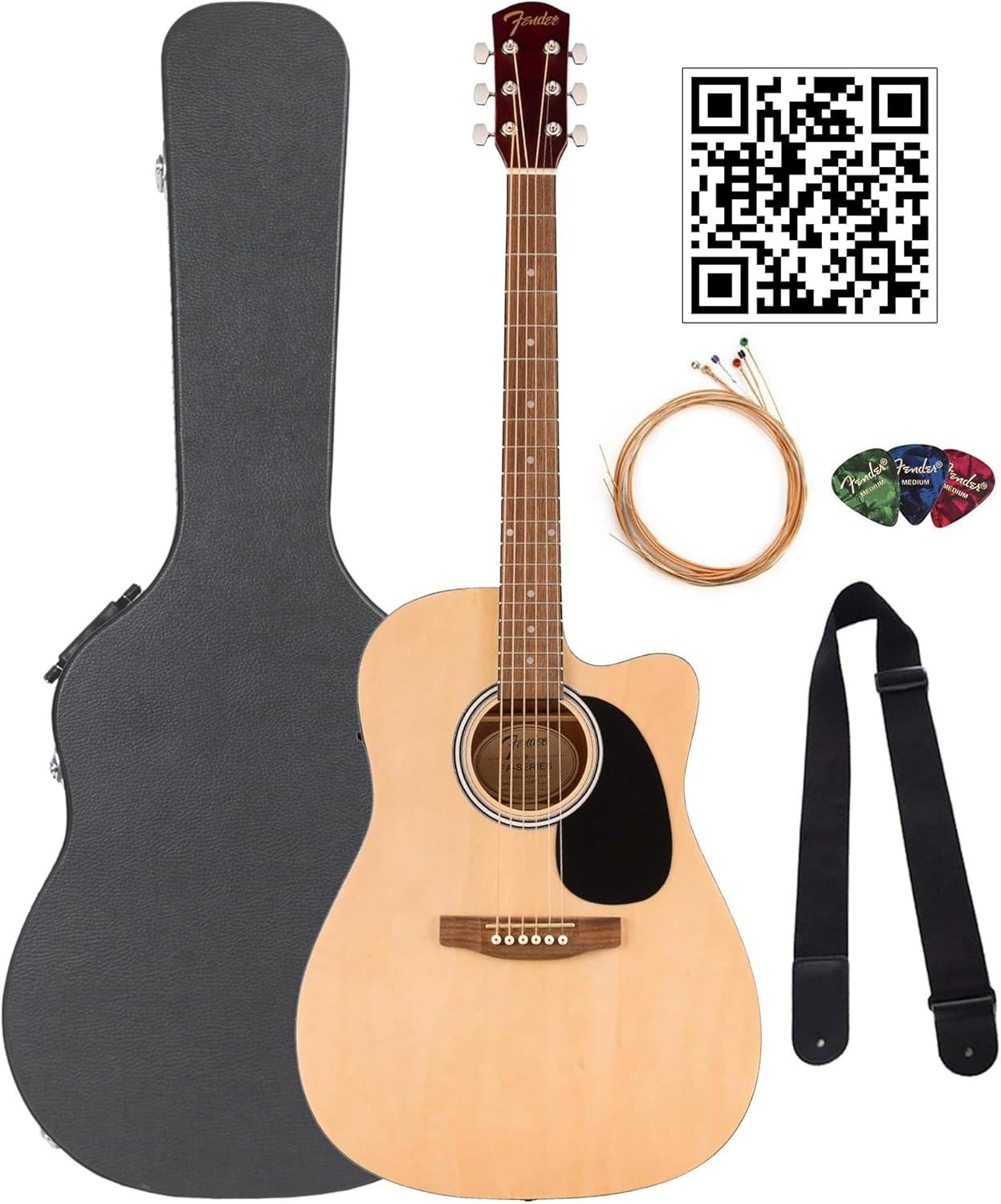 Fender Dreadnought Acoustic-Electric Guitar - Natural Bundle with Hard Case, Strap, Strings, Picks, and Austin Bazaar Instructional Video