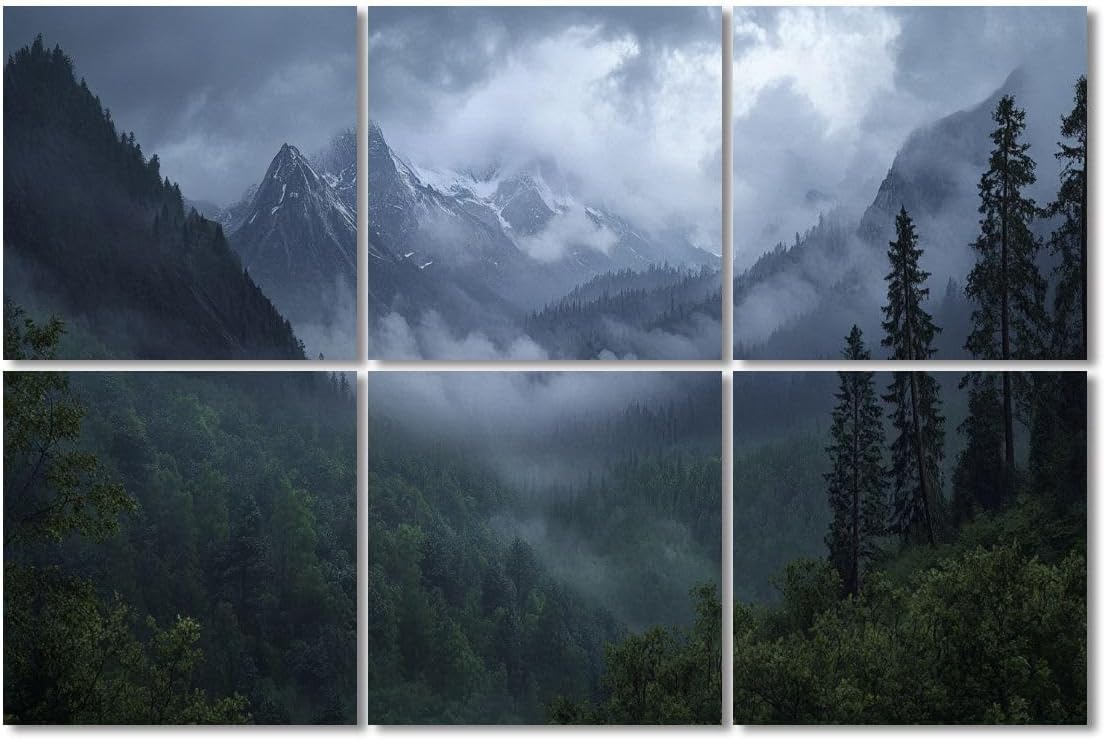 6 Pack Art Acoustic Panels Sound Absorbing Misty Snow Capped Mountains Dense Forest Foggy Atmosphere Tall Pine Decorative Soundproof Wall Panels Self Adhesive for Recording Studios Office 72