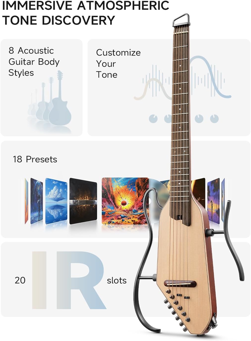 Donner Acoustic Electric Guitar HUSH I PRO Travel Guitar with Multiple Effect Modes Smart Guitarra Kit of Earphone, Gig Bag, Strap, Charging Cable