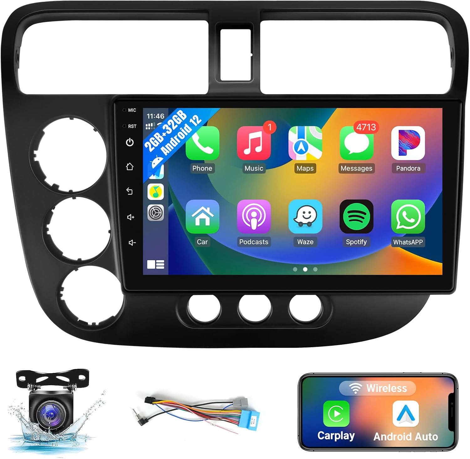 Leadfan Car Stereo Radio for Honda Civic 2001 2002 2003 2004 2005 with Wireless Carplay Android Auto, 2+32G 9'' Touch Screen Ind-Dash Bluetooth/WiFi/GPS Navigation/MirrorLink/SWC/USB/Backup Camera