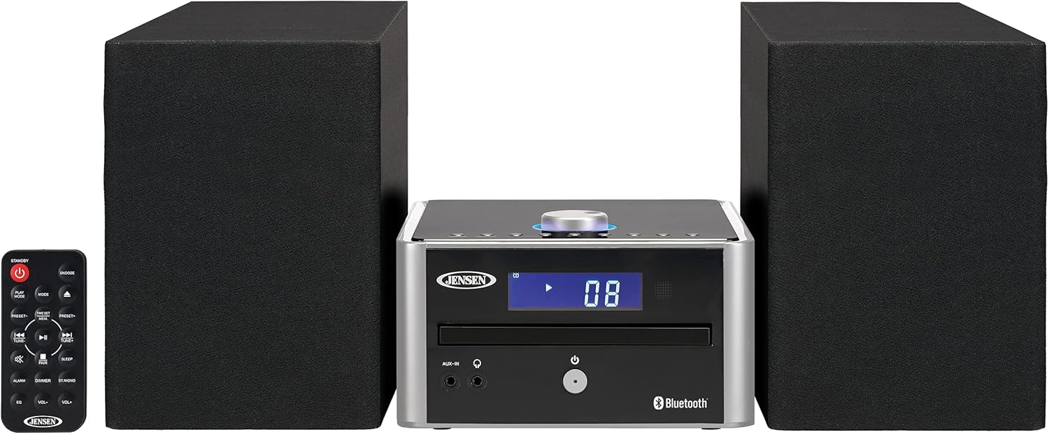 Jensen JBS-210 3-Piece Modern Compact Bluetooth Stereo Shelf System, CD Player, Digital AM/FM Stereo with Speakers, Aux-in, & Remote Control Included (Black/Silver)