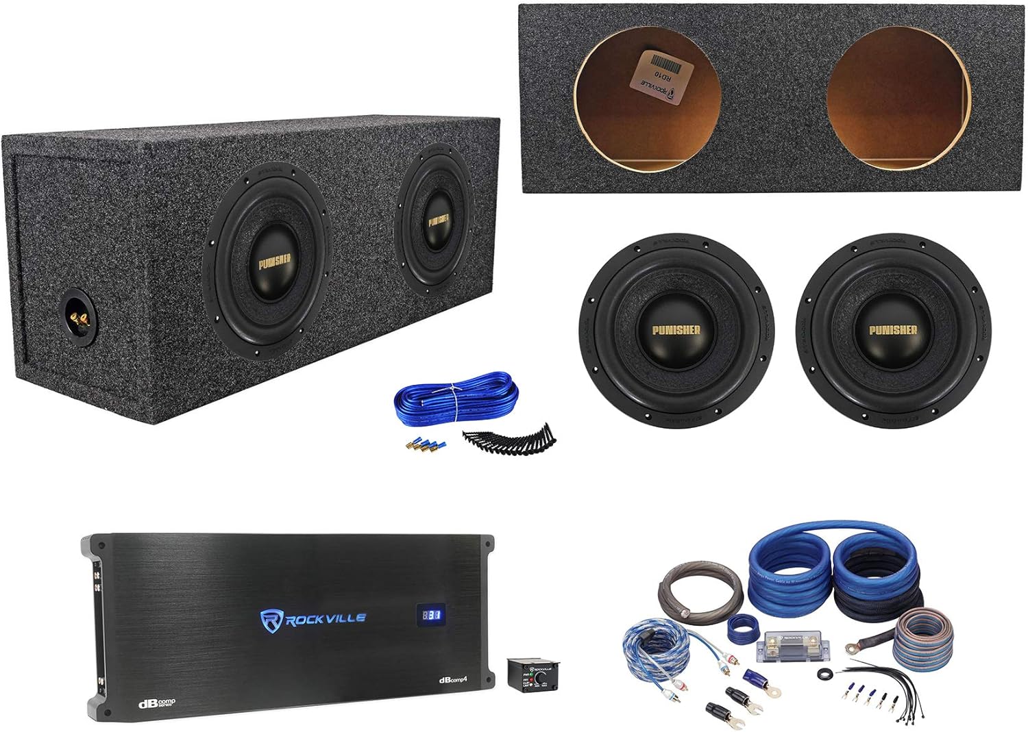 Rockville Bundle: (2) Punisher 10D1 Peak Competition Car Audio Subwoofer Dual Sub RMS CEA Rated Bundle with dBcomp4 Mono Amp, RWK0CU Amp Wire Kit, RD10 Dual Sub Box, Dual Sub Box Kit Speaker (6 Items)